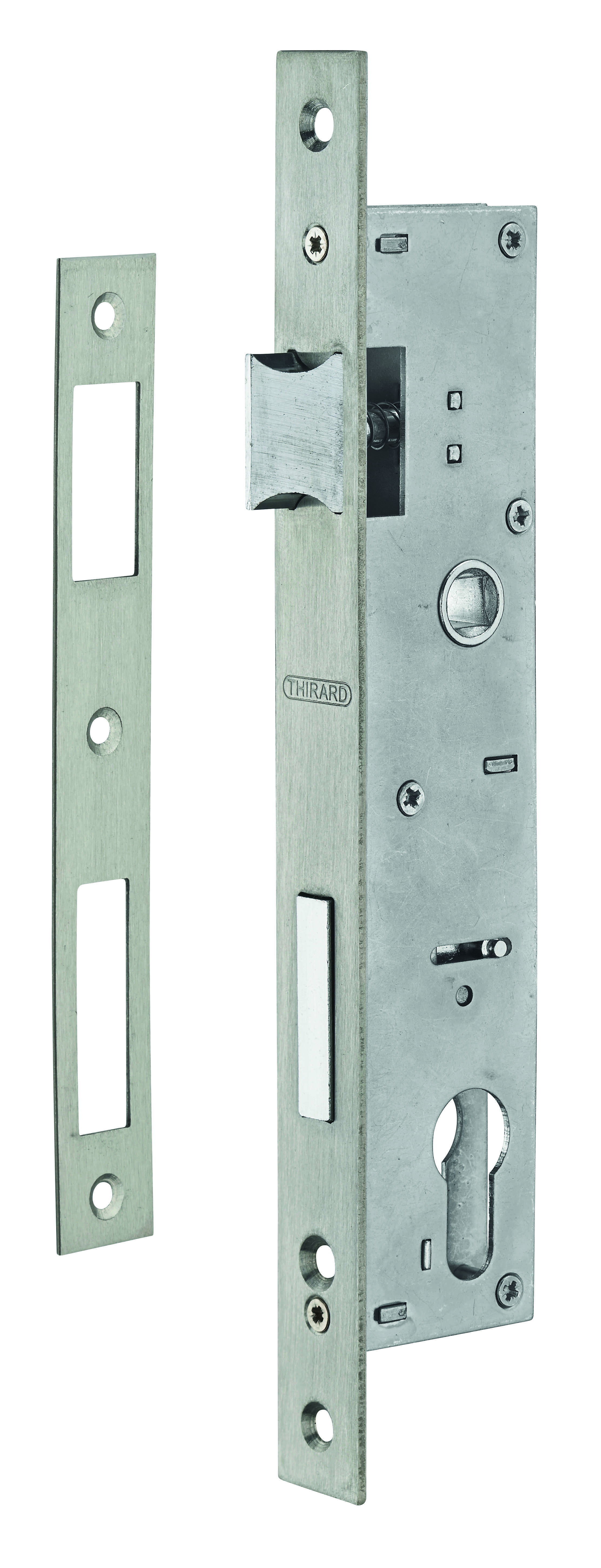 Boitier de serrure encastrable à cylindre pour menuiserie métallique, axe 26mm, bouts carrés, inox - THIRARD