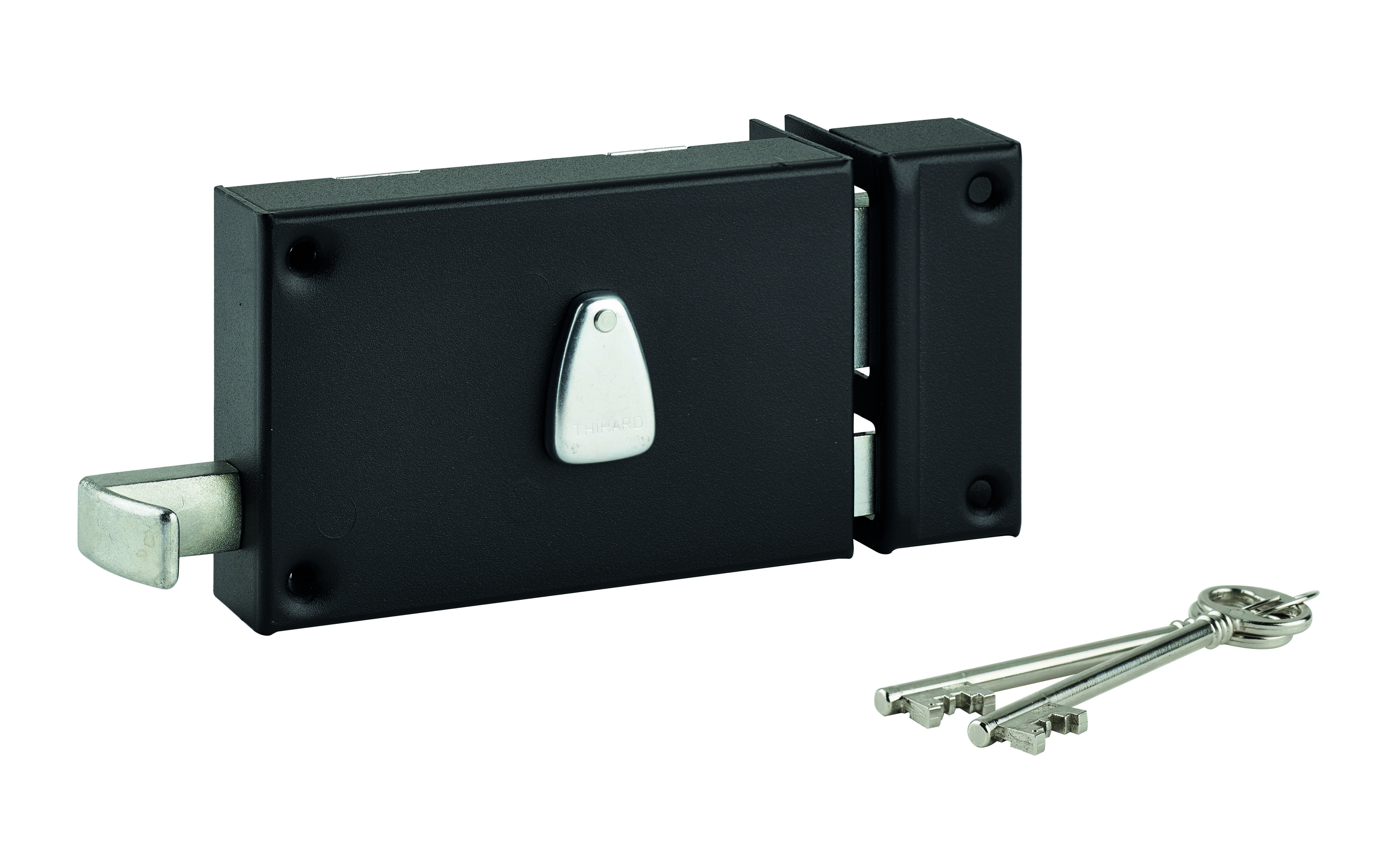 Serrure horizontale en applique 6 gorges à tirage pour entrée, droite, axe 64mm, carré 7mm, 140x88mm, noir, 2 clés - THIRARD