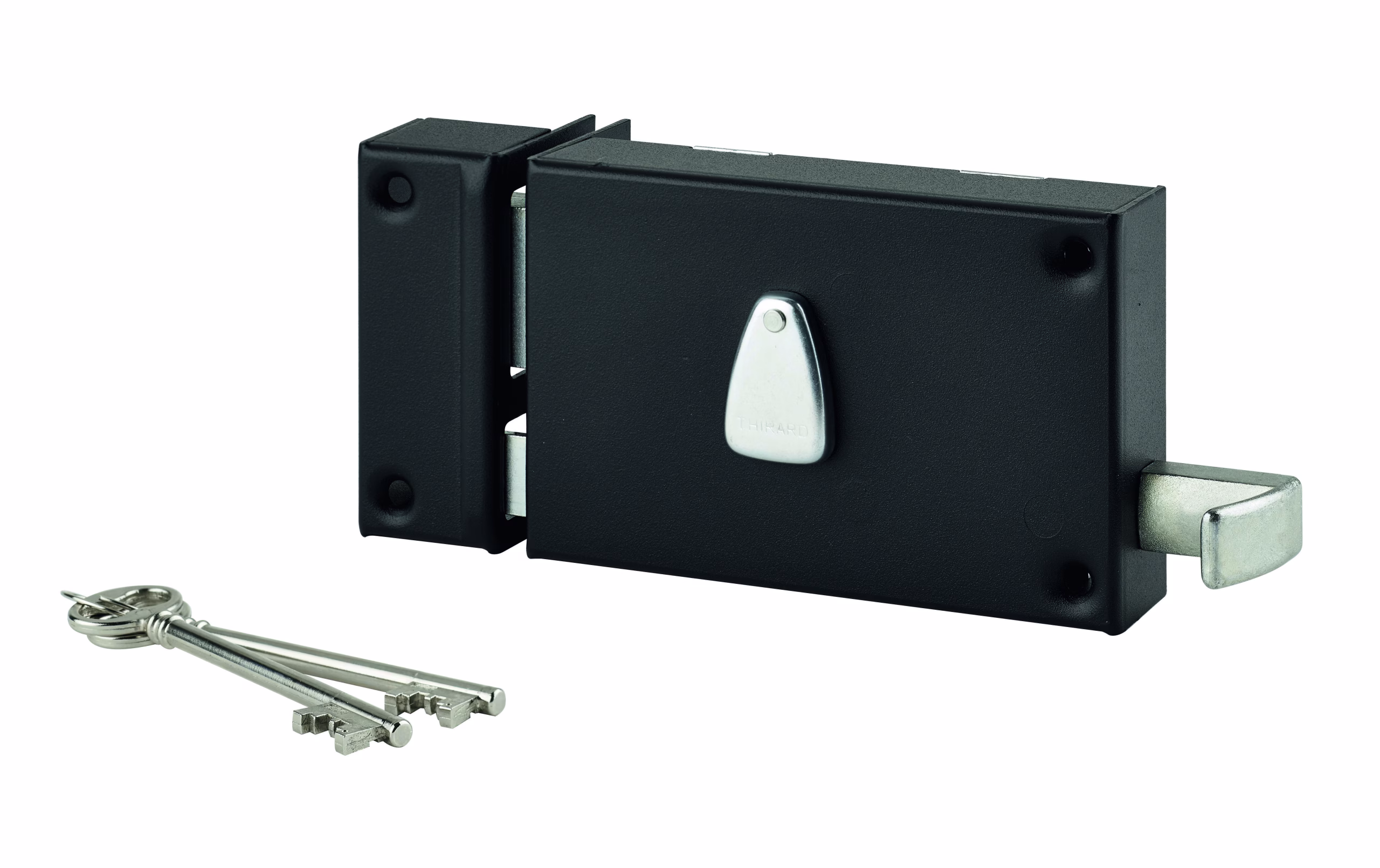 Serrure horizontale en applique 6 gorges à tirage pour entrée, gauche, axe 64mm, carré 7mm, 140x88mm, noir, 2 clés - THIRARD