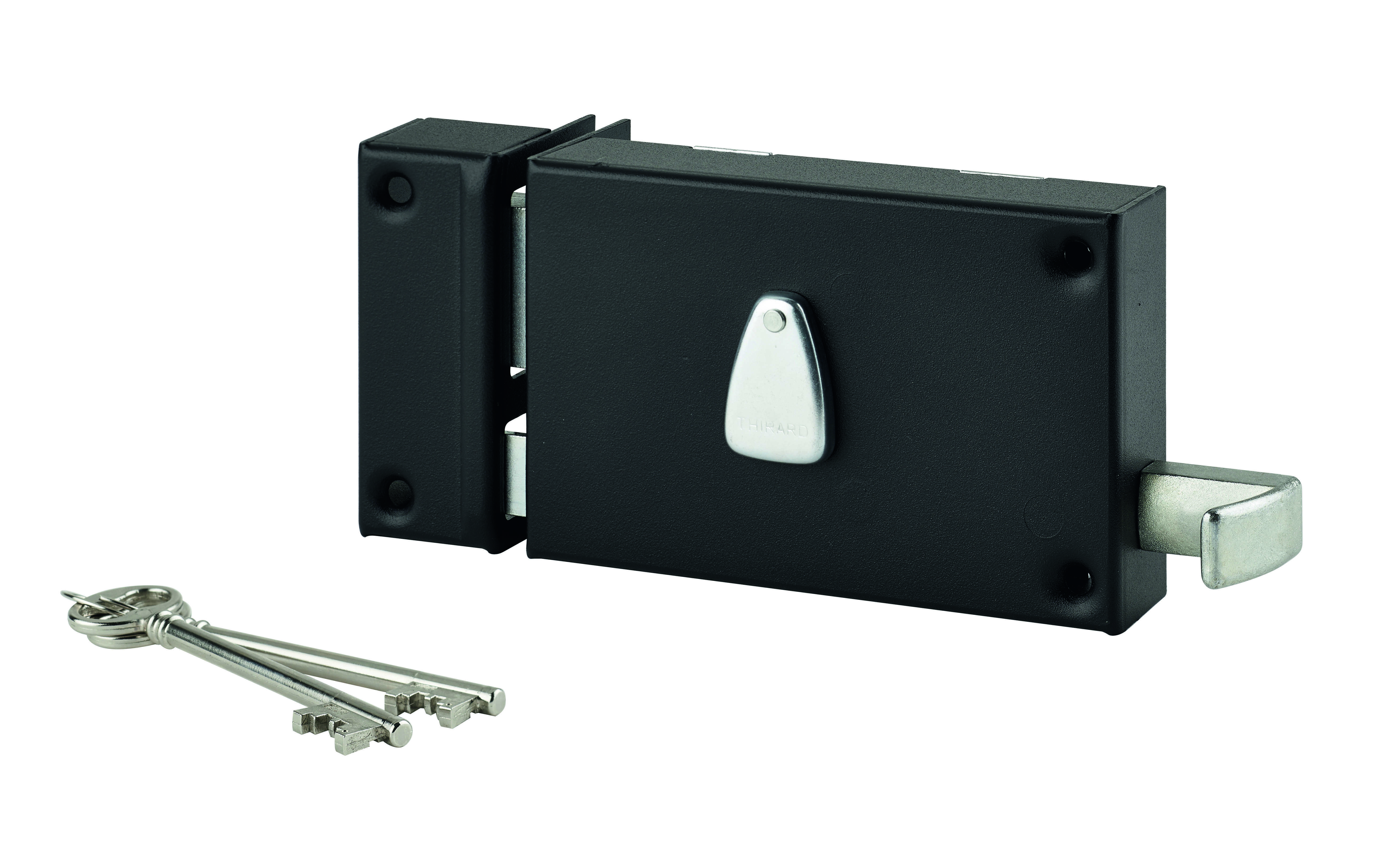 Serrure horizontale en applique 6 gorges à tirage pour entrée, gauche, axe 64mm, carré 7mm, 140x88mm, noir, 2 clés - THIRARD