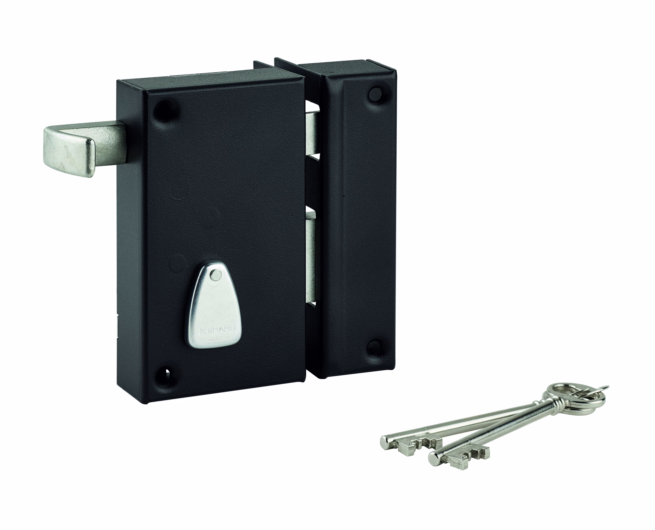 Serrure verticale en applique 6 gorges à tirage pour entrée, droite, axe 45mm, carré 7mm, 75x130mm, noir, 2 clés - THIRARD