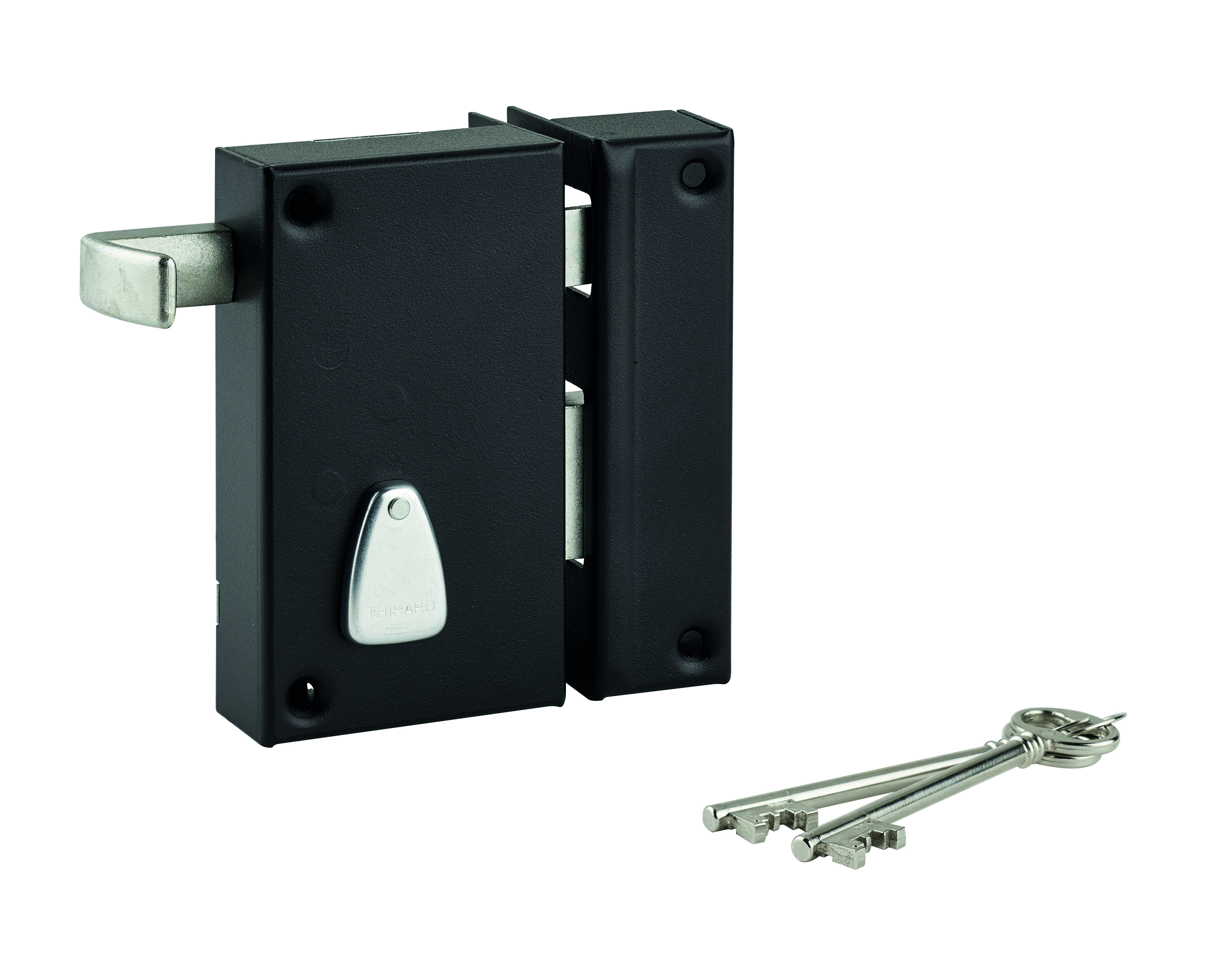 Serrure verticale en applique 6 gorges à tirage pour entrée, droite, axe 45mm, carré 7mm, 75x130mm, noir, 2 clés - THIRARD