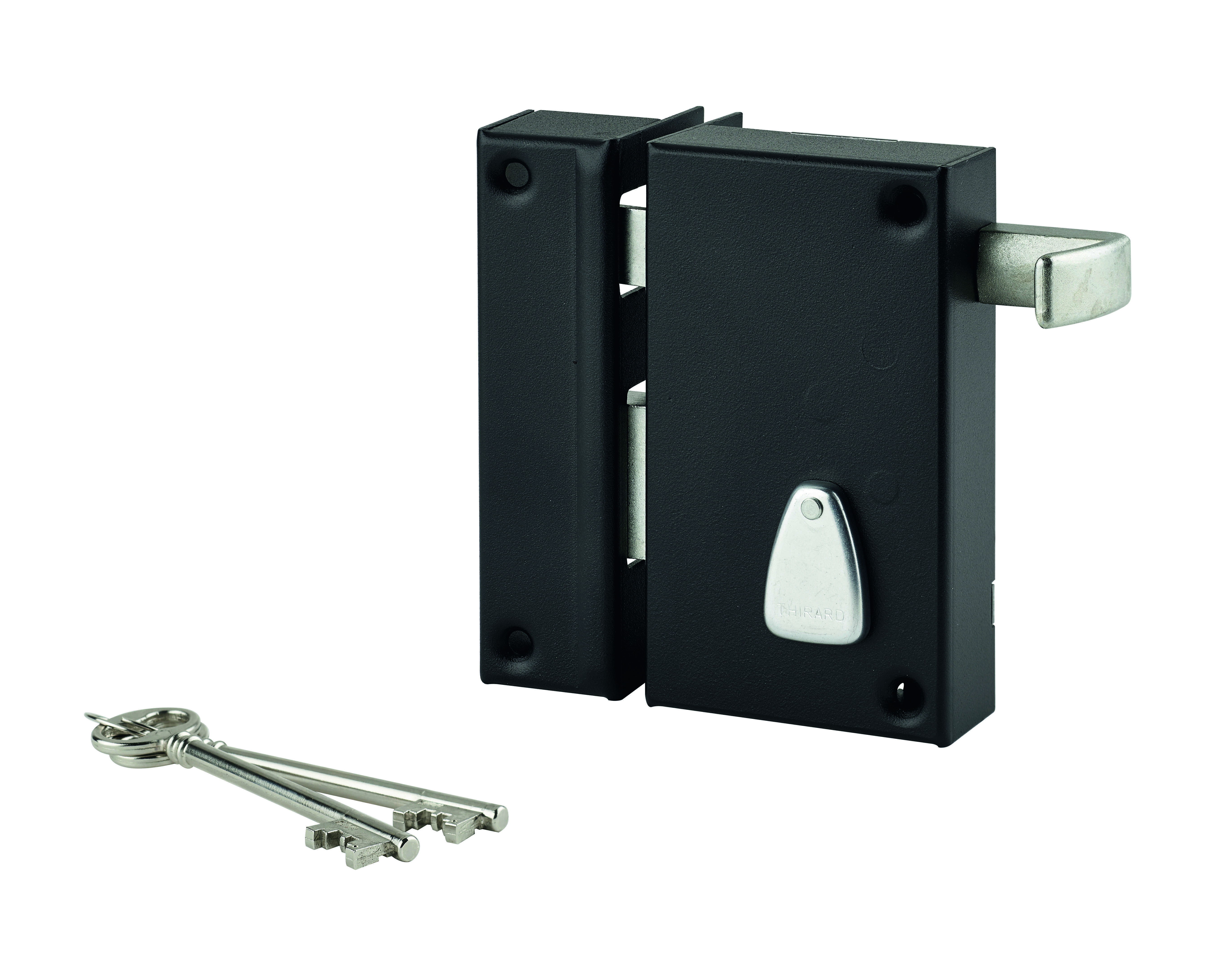 Serrure verticale en applique 6 gorges à tirage pour entrée, gauche, axe 45mm, carré 7mm, 75x130mm, noir, 2 clés - THIRARD