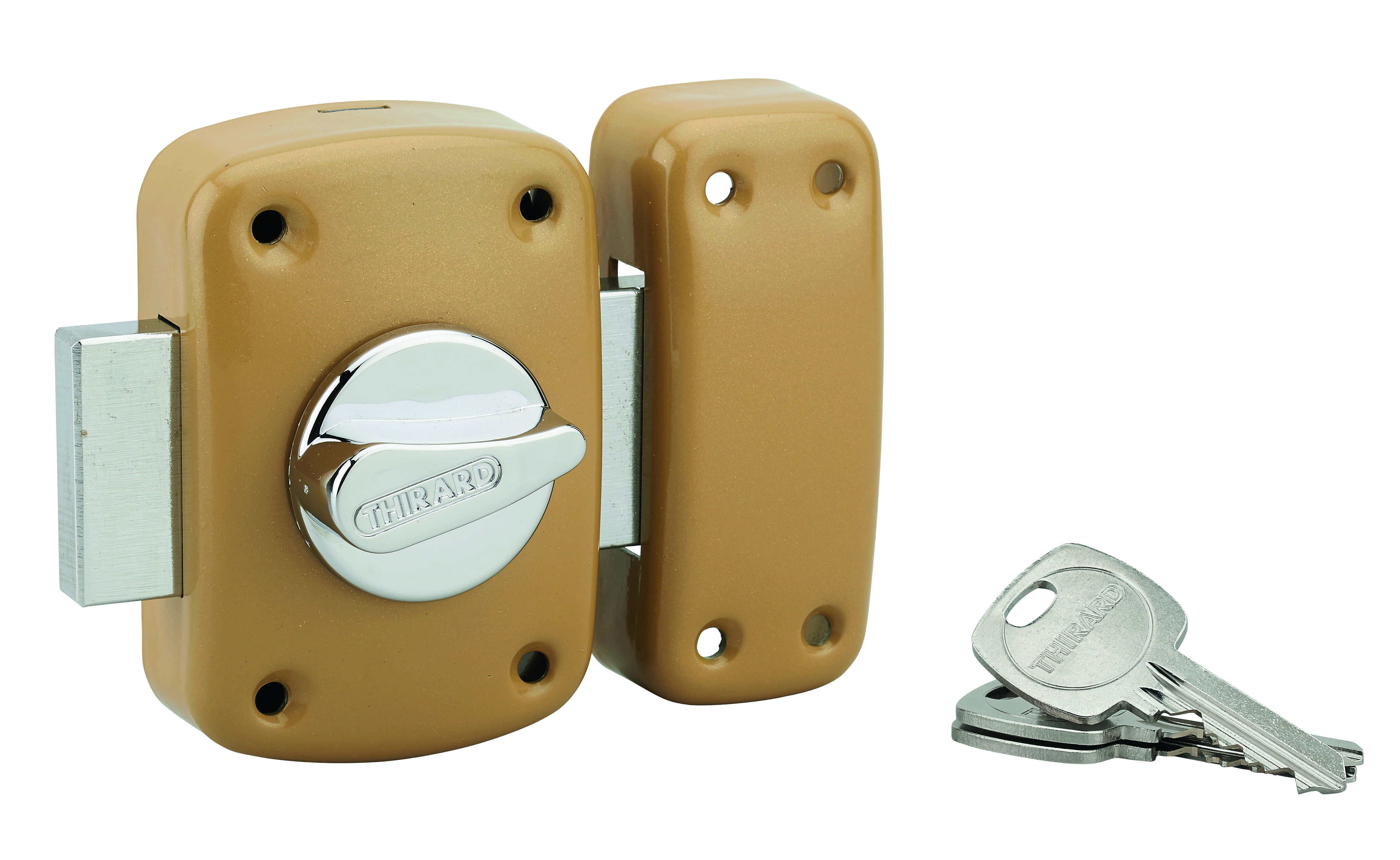 Verrou à bouton Corvette pour porte d'entrée, cylindre 60mm, acier, 3 clés, époxy bronze - THIRARD