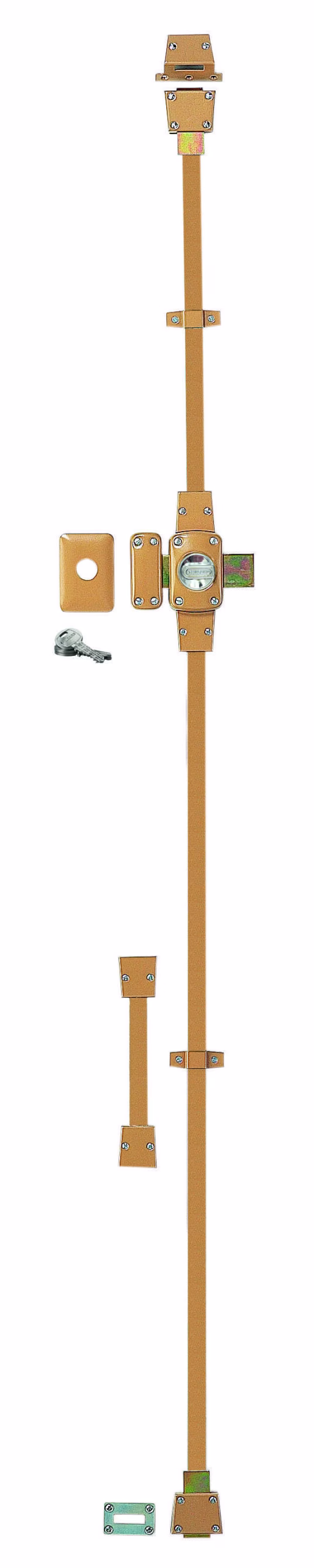 Verrou à bouton Mirage 6 pour porte d'entrée, cylindre 45mm, tringle 3 pts en acier, gauche, 3 clés, bronze - THIRARD
