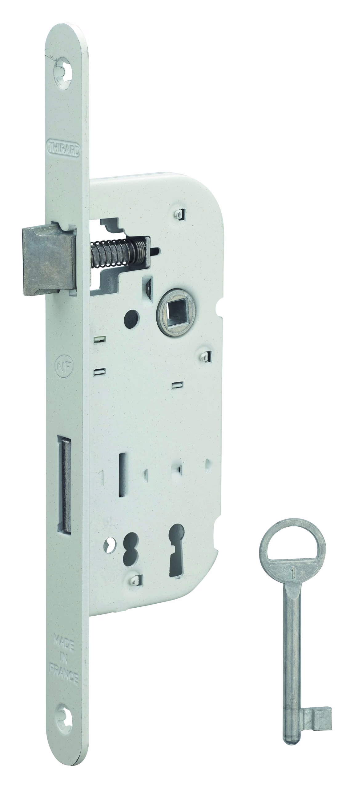 Serrure encastrable NF à clé pour porte de chambre, axe 40mm, bouts ronds, blanc, 1 clé - THIRARD