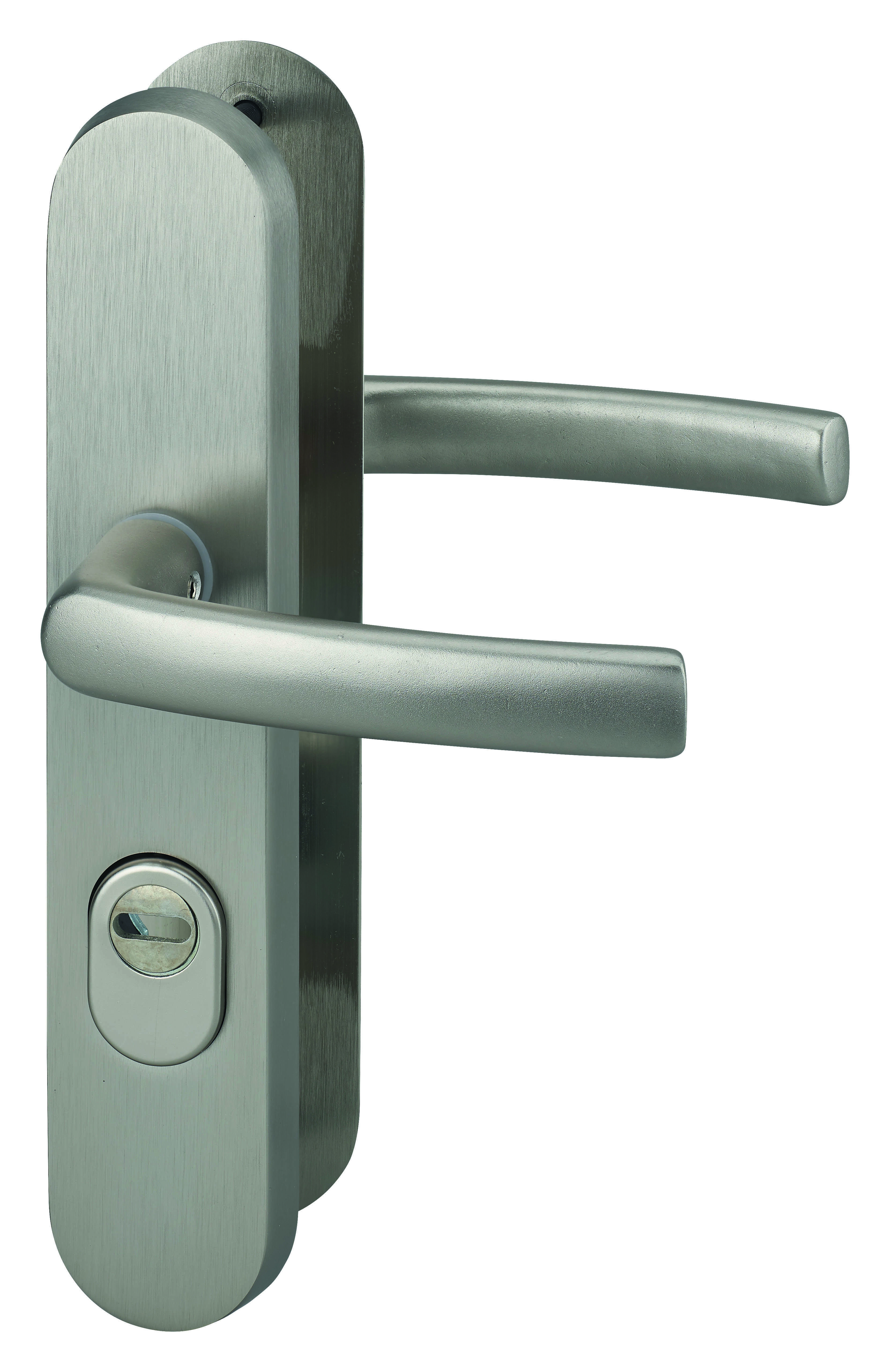 Ensemble poignées de sécurité pour porte d'entrée, béquille double, entr'axe de fixation 216mm, aspect inox - THIRARD