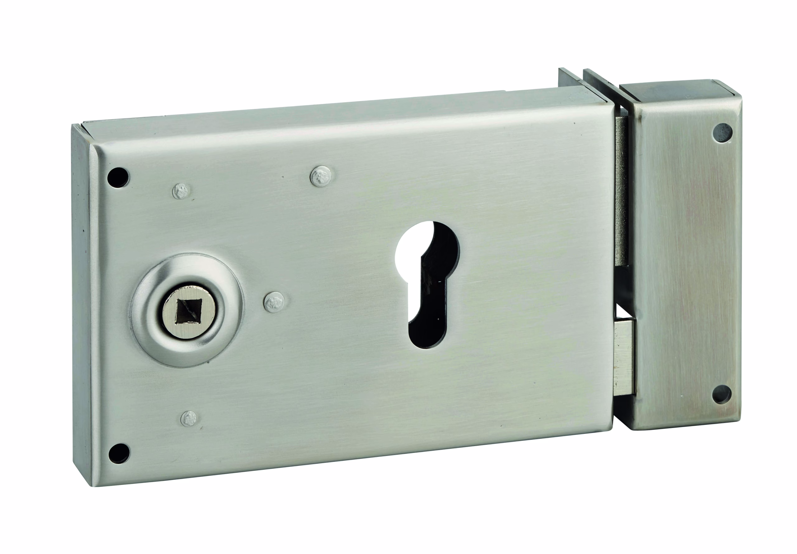 Boitier de serrure horizontale en applique double entrée à fouillot pour portail, droite, axe 52mm, 140x88mm, inox - THIRARD