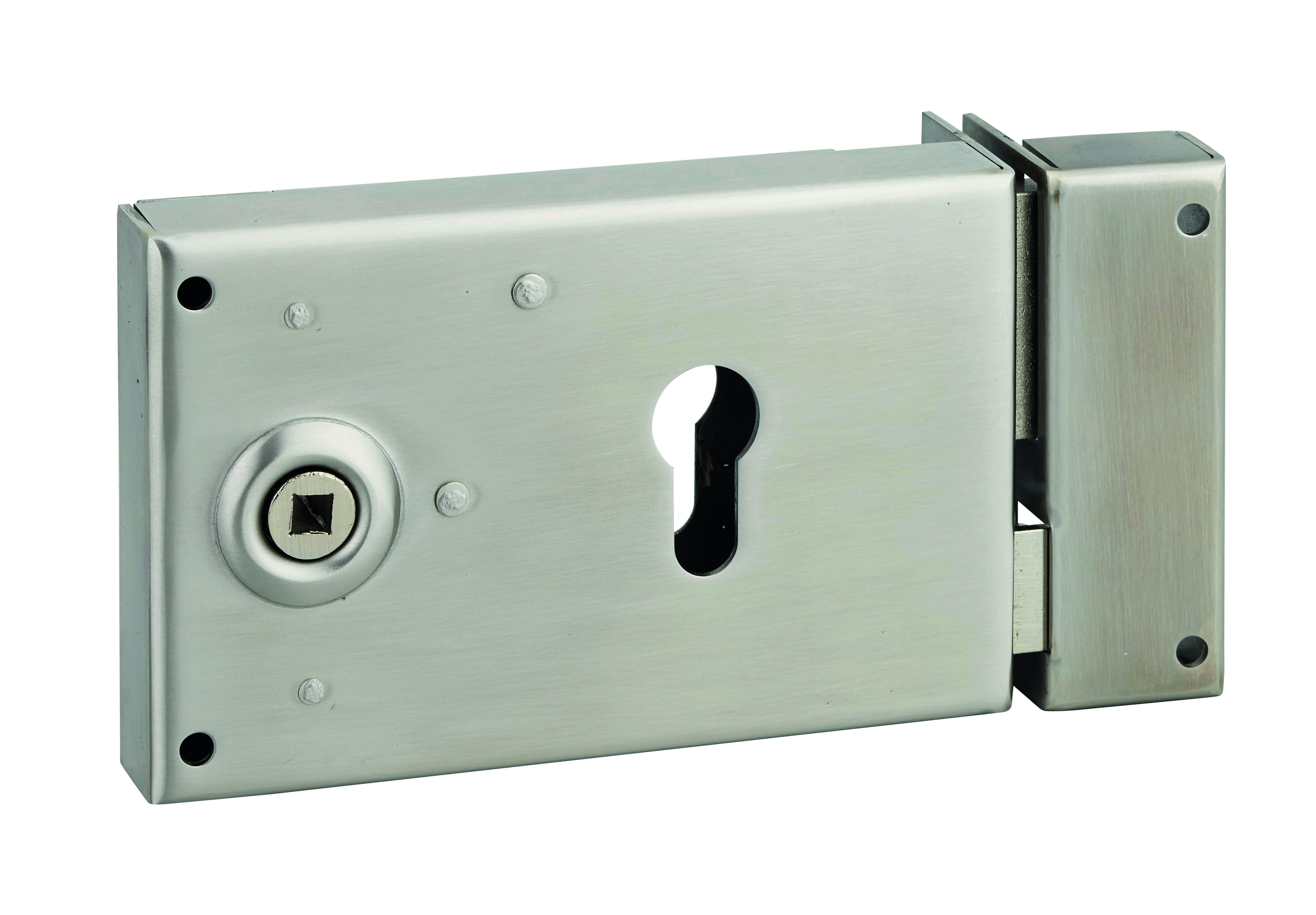 Boitier de serrure horizontale en applique double entrée à fouillot pour portail, droite, axe 52mm, 140x88mm, inox - THIRARD
