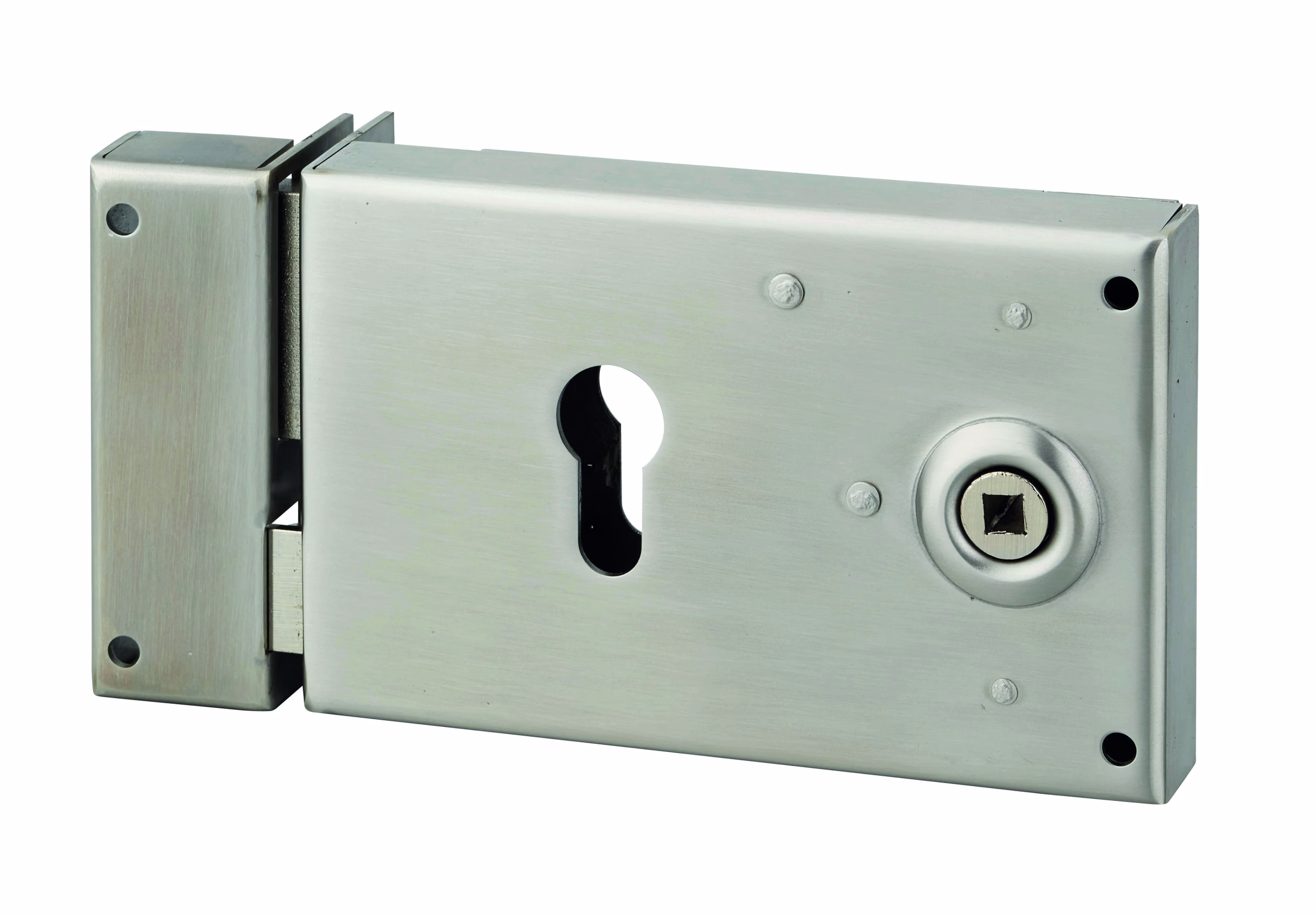 Boitier de serrure horizontale en applique double entrée à fouillot pour portail, gauche, axe 52mm, 140x88mm, inox - THIRARD