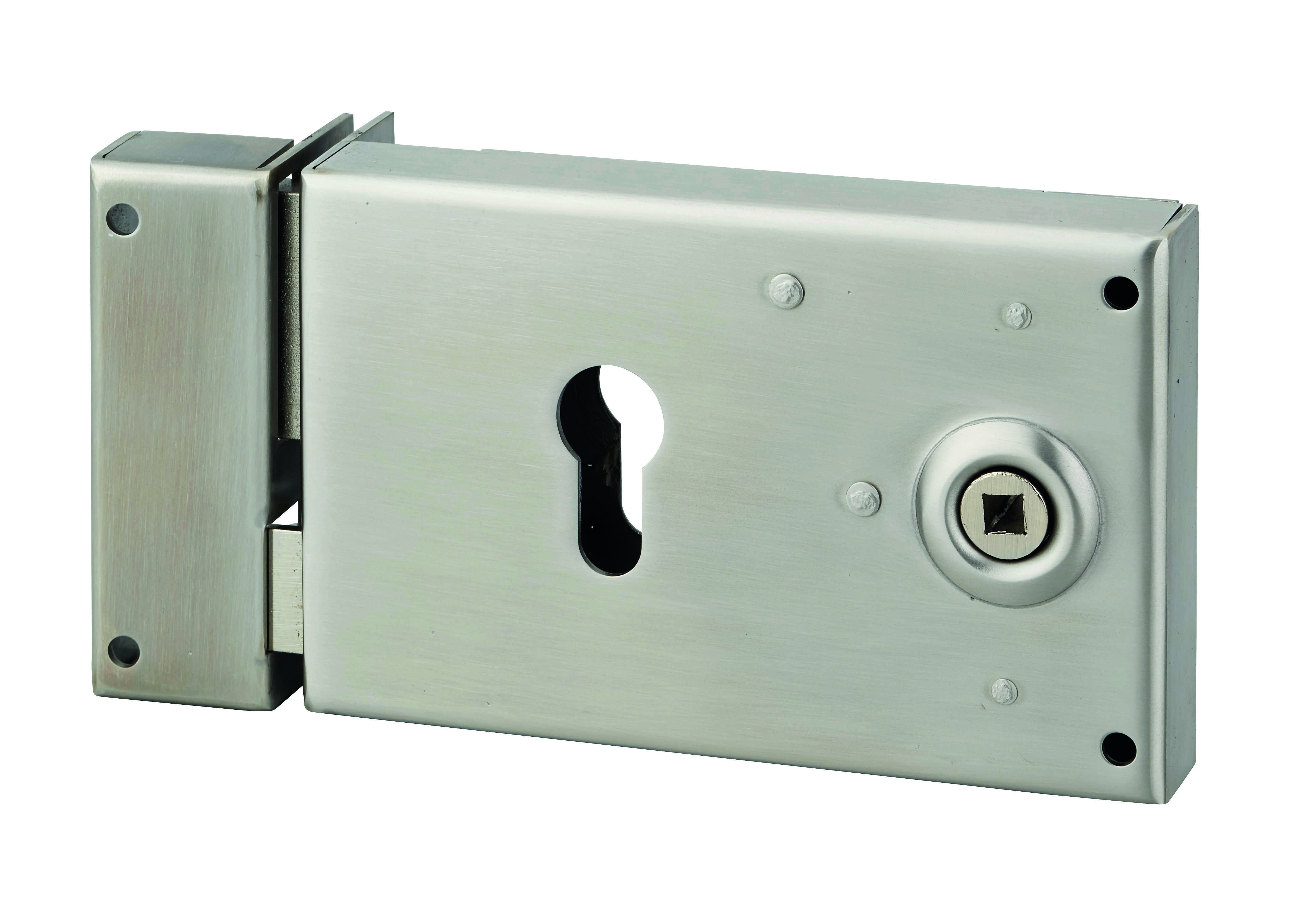 Boitier de serrure horizontale en applique double entrée à fouillot pour portail, gauche, axe 52mm, 140x88mm, inox - THIRARD