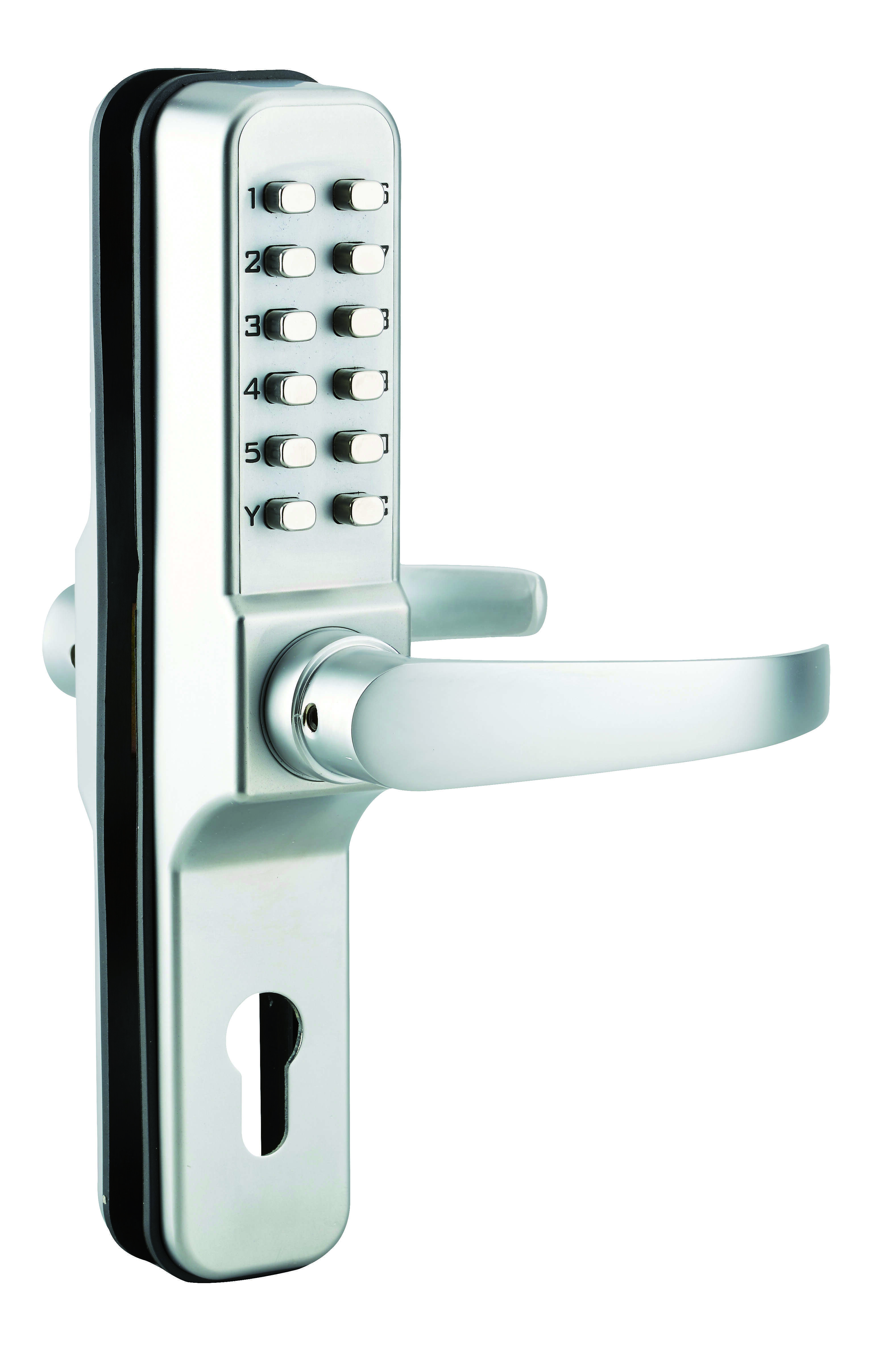 Serrure à combinaison avec paire de béquilles pour serrure encastrable pour porte d'entrée, 8 chiffres, chromé - THIRARD