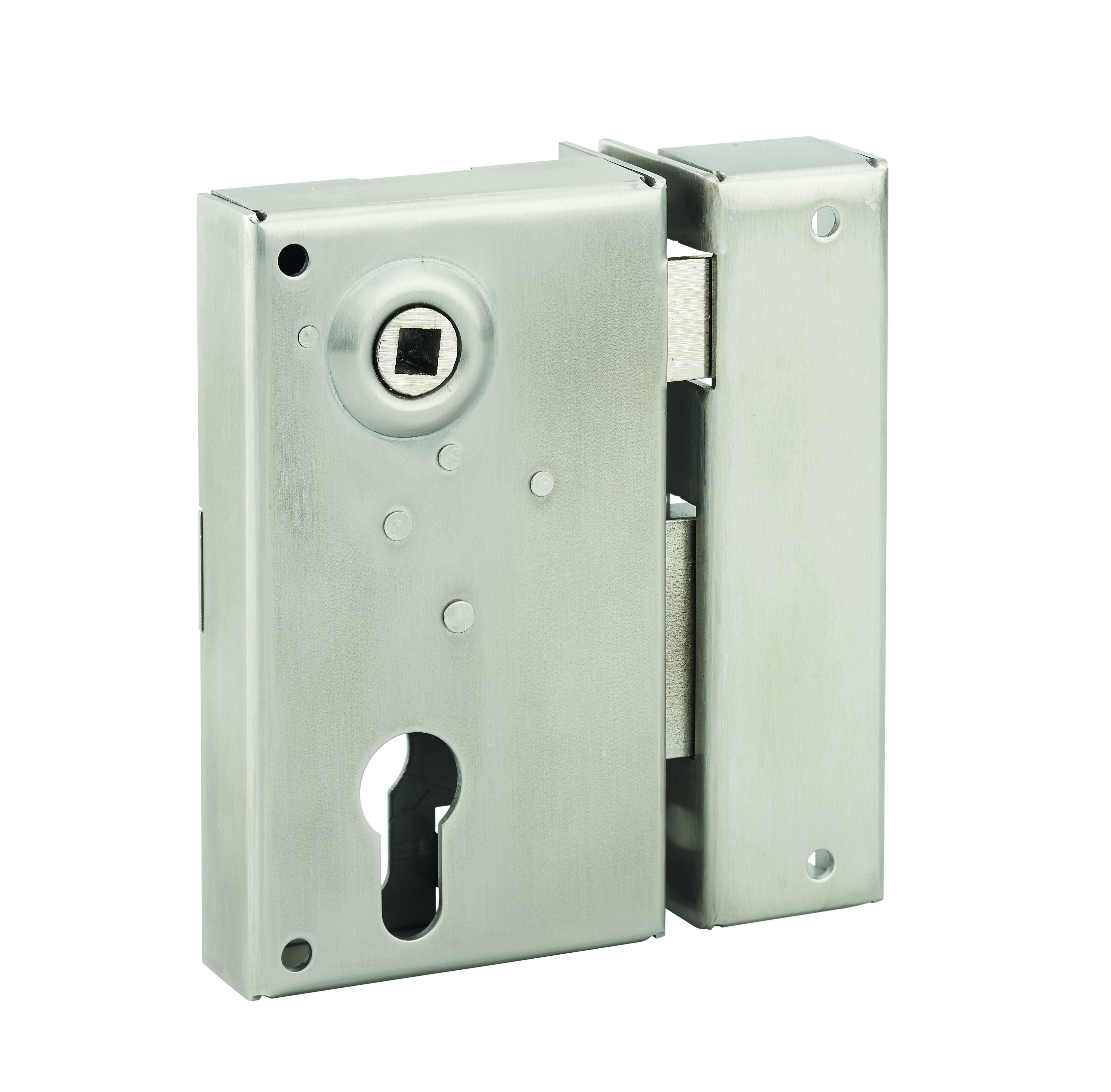 Boitier de serrure verticale en applique double entrée à fouillot pour portail, droite, axe 45mm, 73x125mm, inox - THIRARD