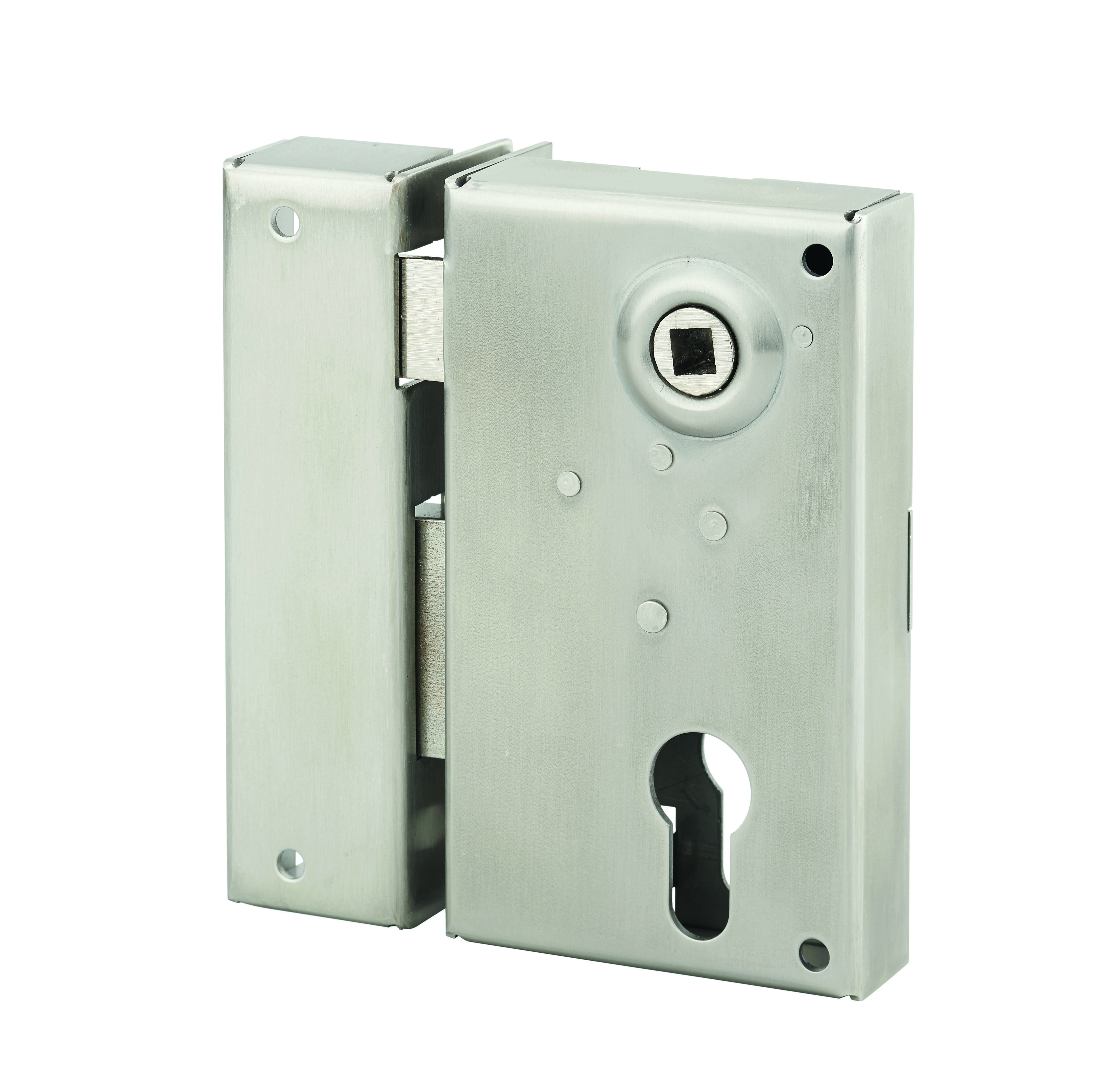 Boitier de serrure verticale en applique double entrée à fouillot pour portail, gauche, axe 45mm, 73x125mm, inox - THIRARD