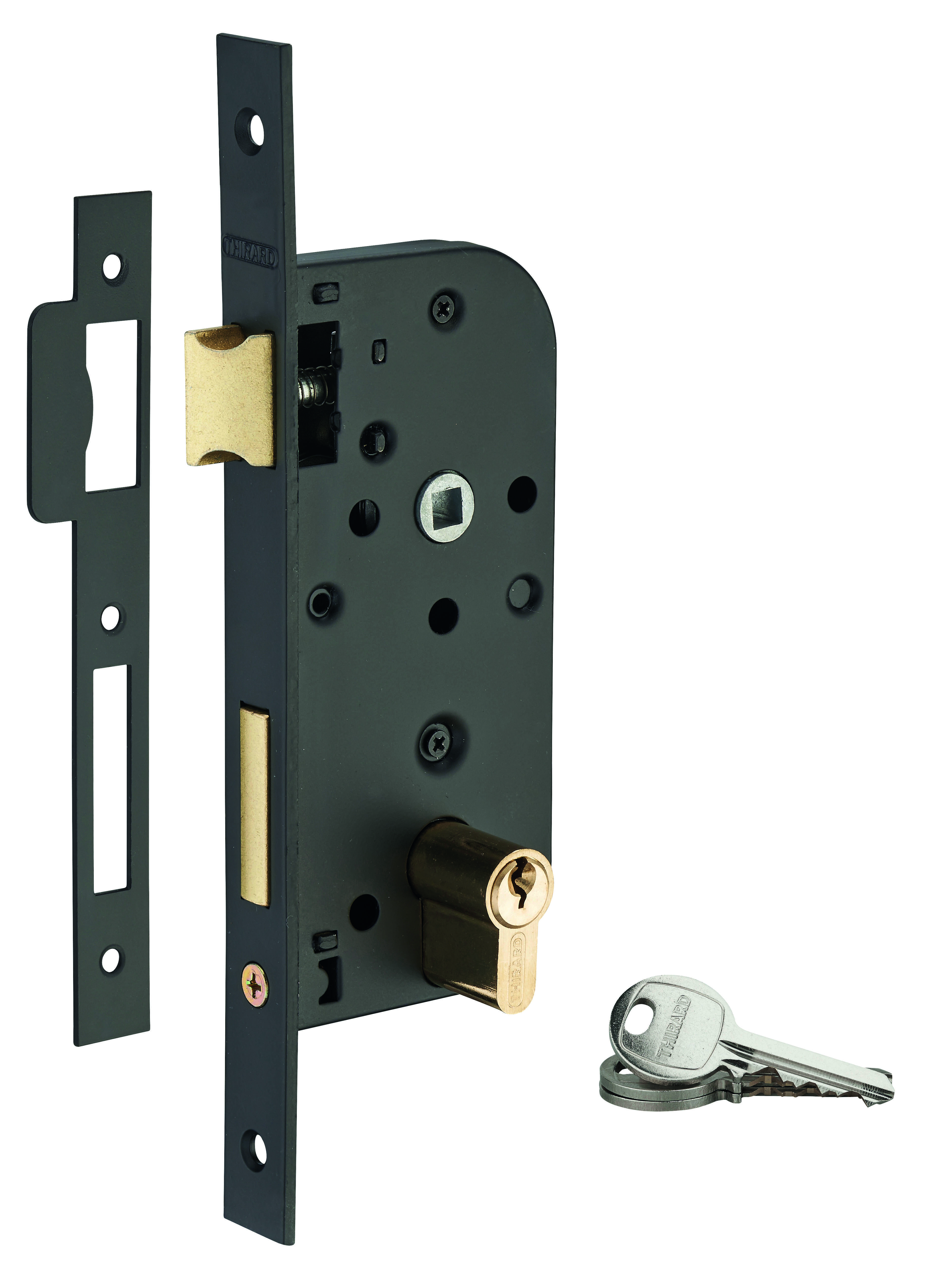 Serrure encastrable à cylindre pour porte d'entrée, axe 40mm, bouts carrés, cylindre 30x30mm, noir, 3 clés - THIRARD