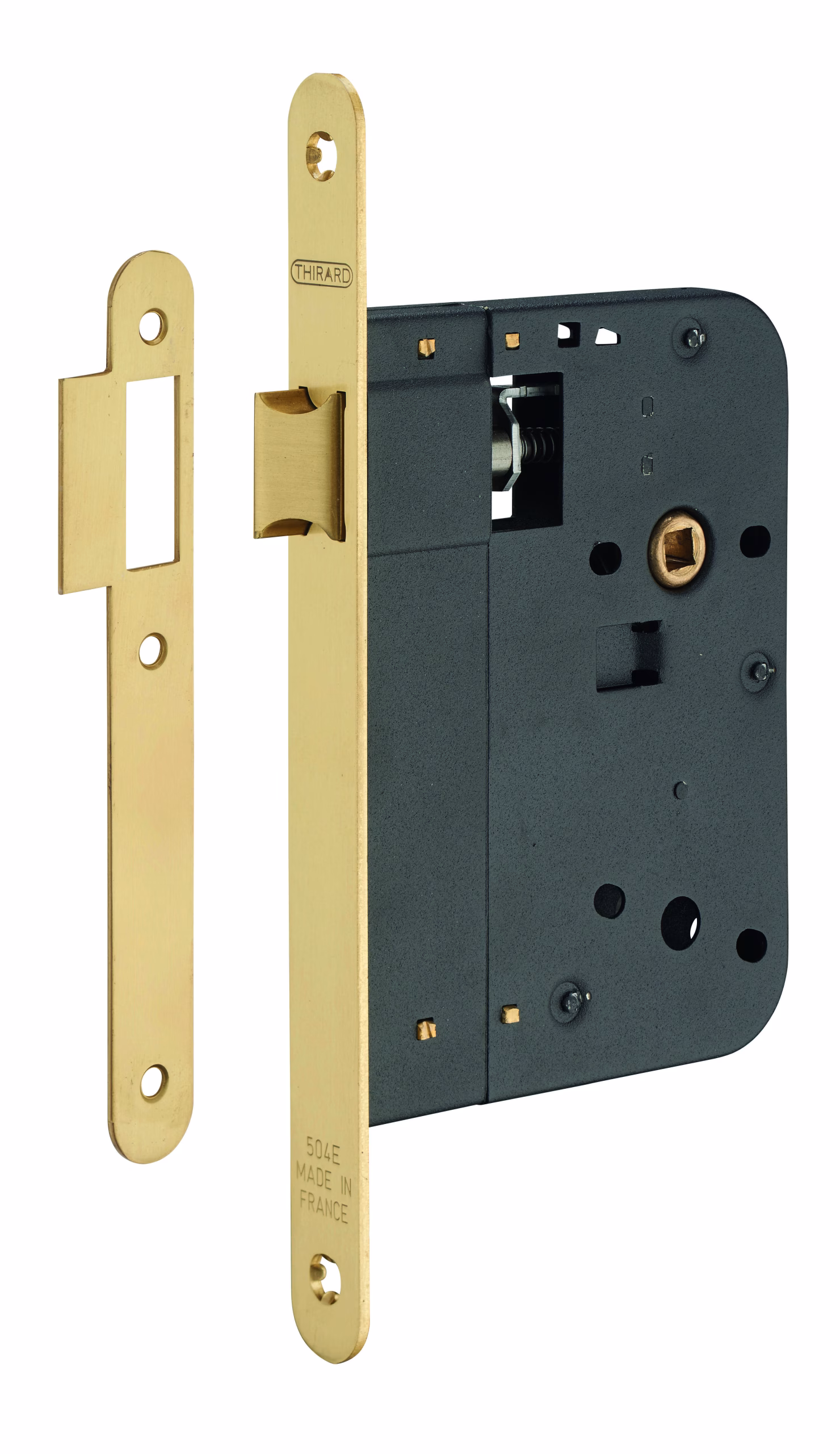 Serrure encastrable pour porte intérieure, axe 80mm, bouts ronds, laiton poli verni - THIRARD