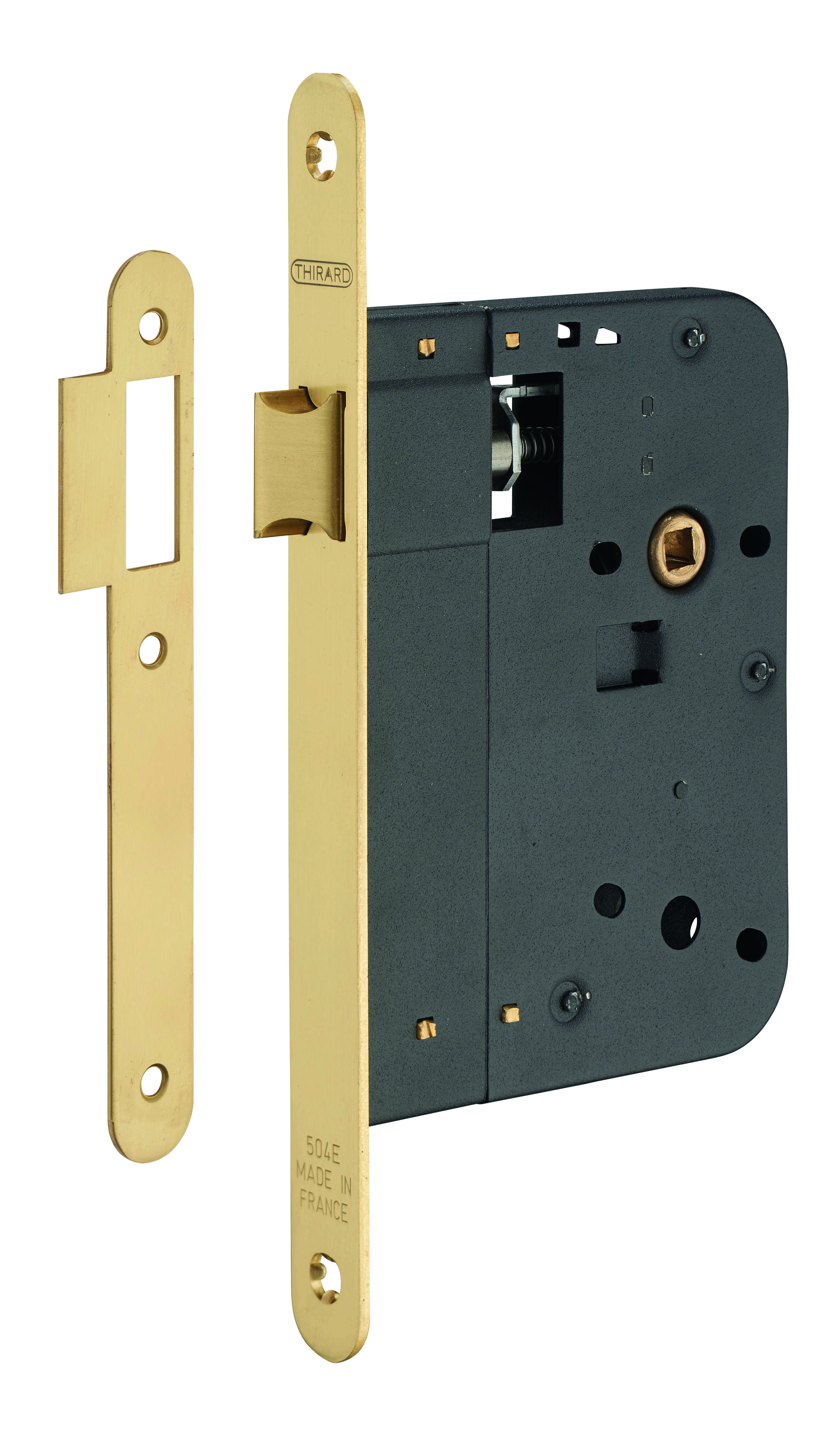 Serrure encastrable pour porte intérieure, axe 80mm, bouts ronds, laiton poli verni - THIRARD
