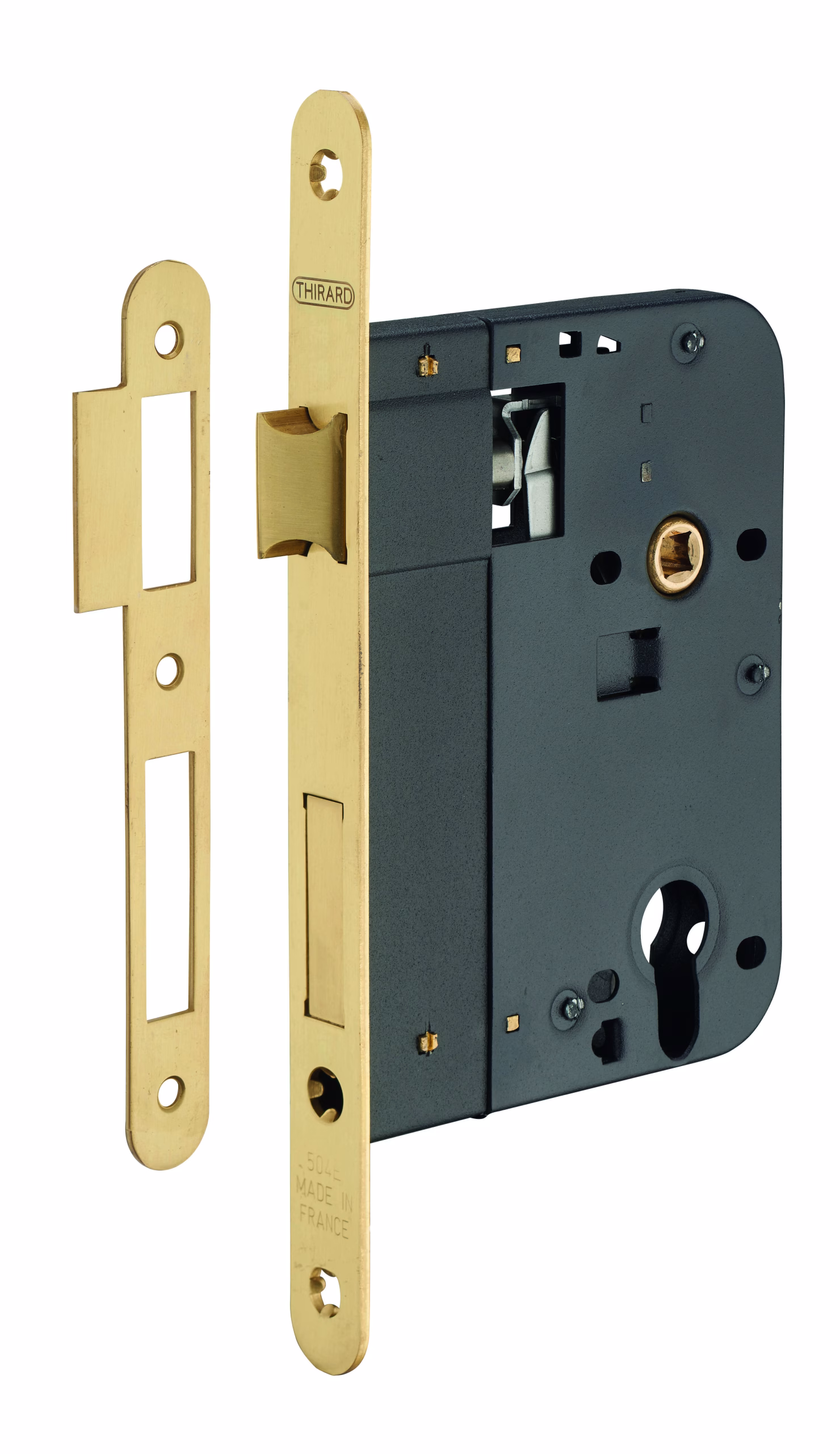 Boitier de serrure encastrable à cylindre pour porte d'entrée, axe 80mm, bouts ronds, laiton poli - THIRARD