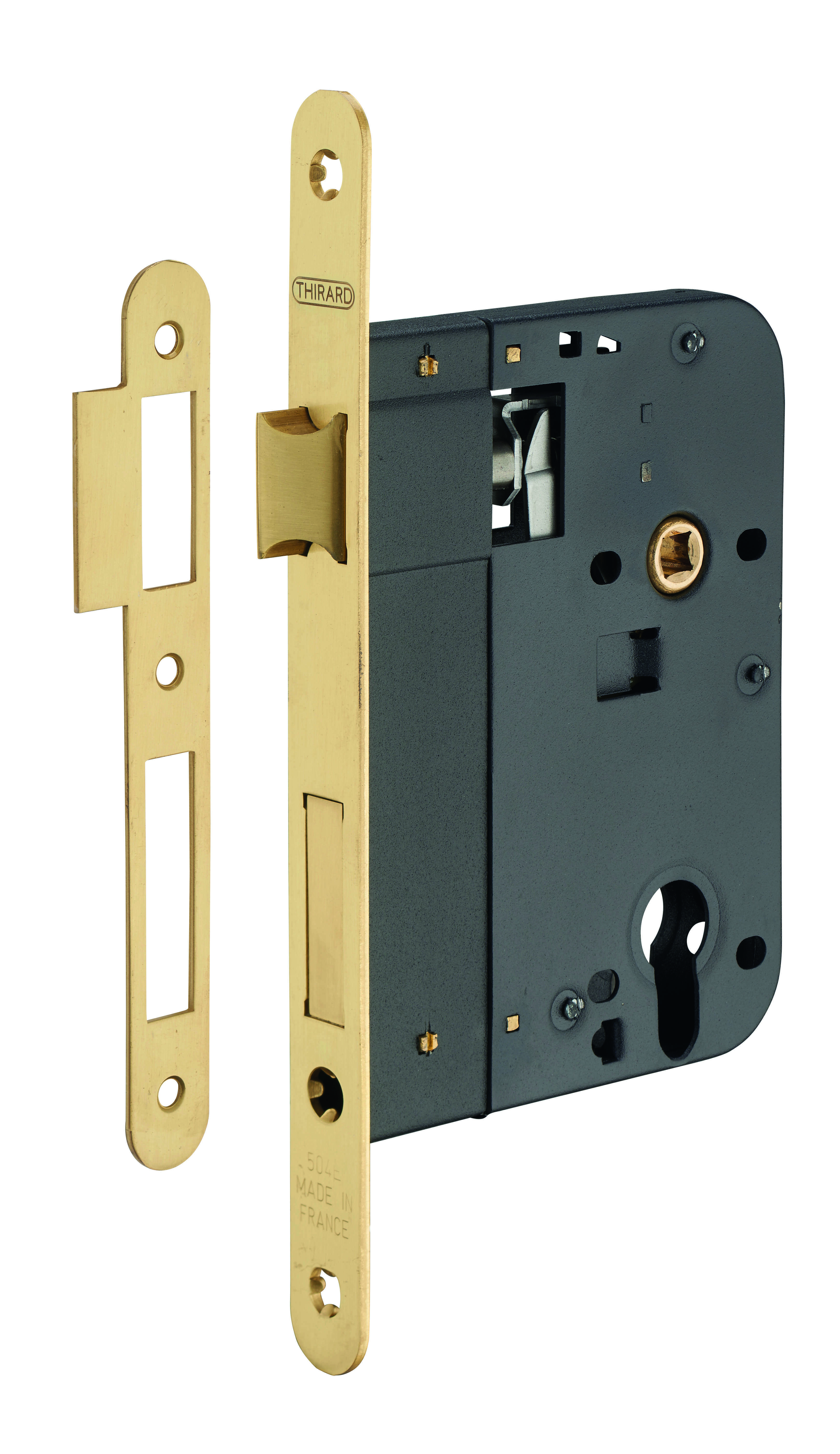 Boitier de serrure encastrable à cylindre pour porte d'entrée, axe 80mm, bouts ronds, laiton poli - THIRARD