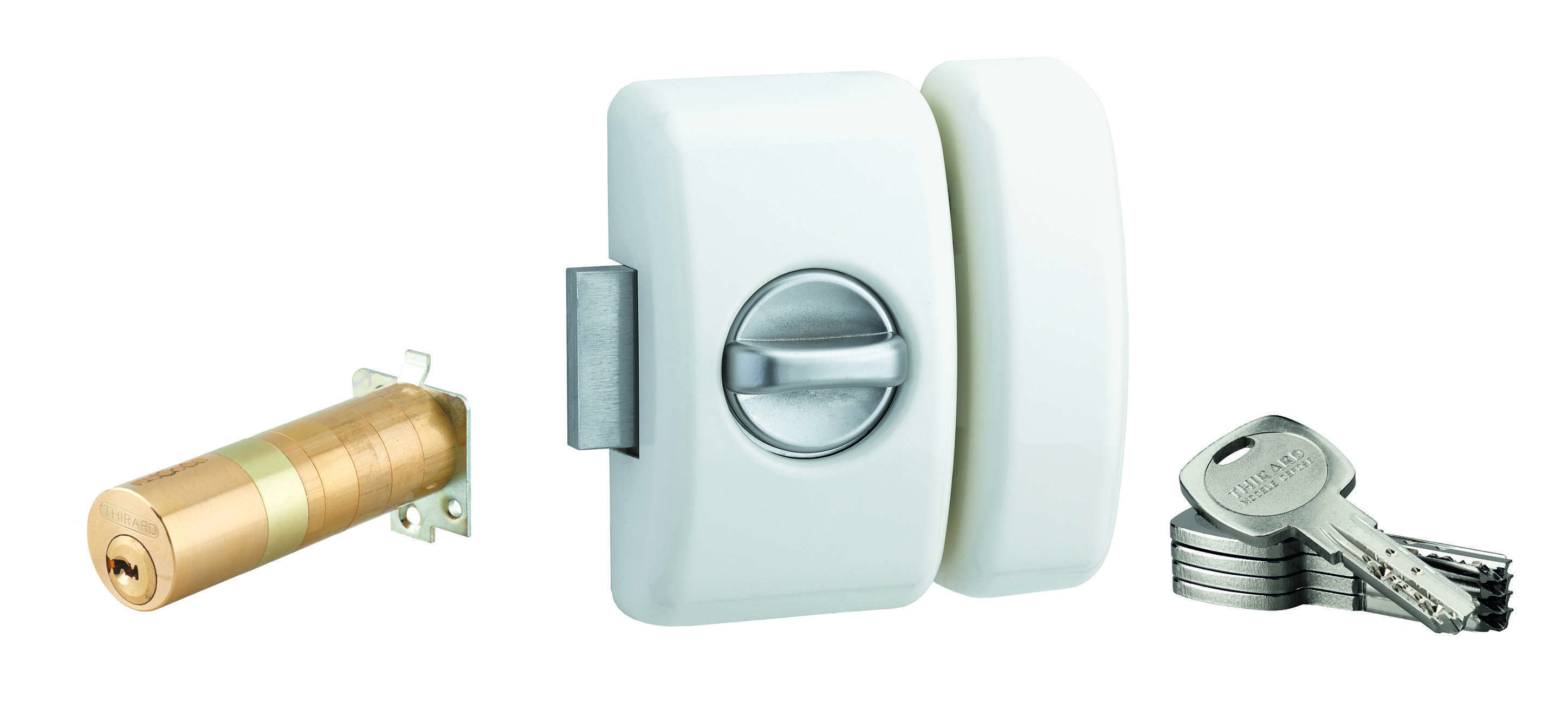 Verrou à bouton Universel ajustable pour entrée, Transit 2, dim. cylindre de 35 à 80mm, acier, 5 clés, epoxy blanc  - THIRARD
