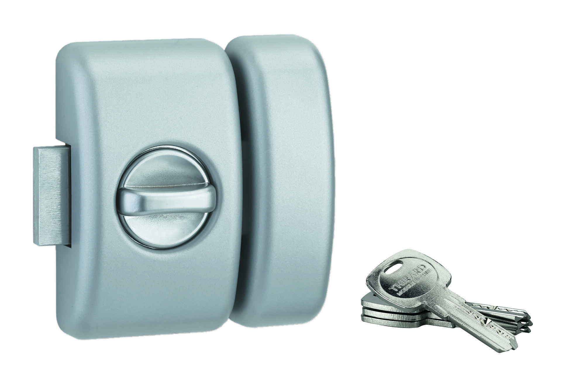 Verrou à bouton Universel pour porte d'entrée, cylindre 45mm, acier, 4 clés, epoxy argent - THIRARD