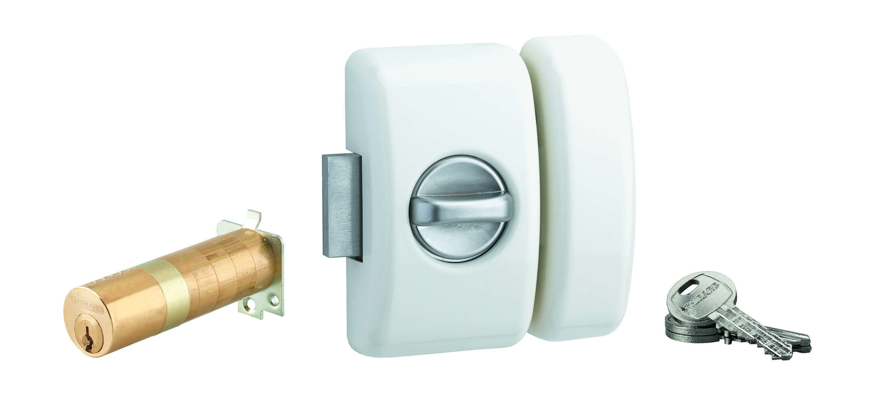 Verrou à bouton Universel ajustable pour entrée, HG 5, dim. cylindre de 35 à 80mm, acier, 5 clés, epoxy blanc  - THIRARD