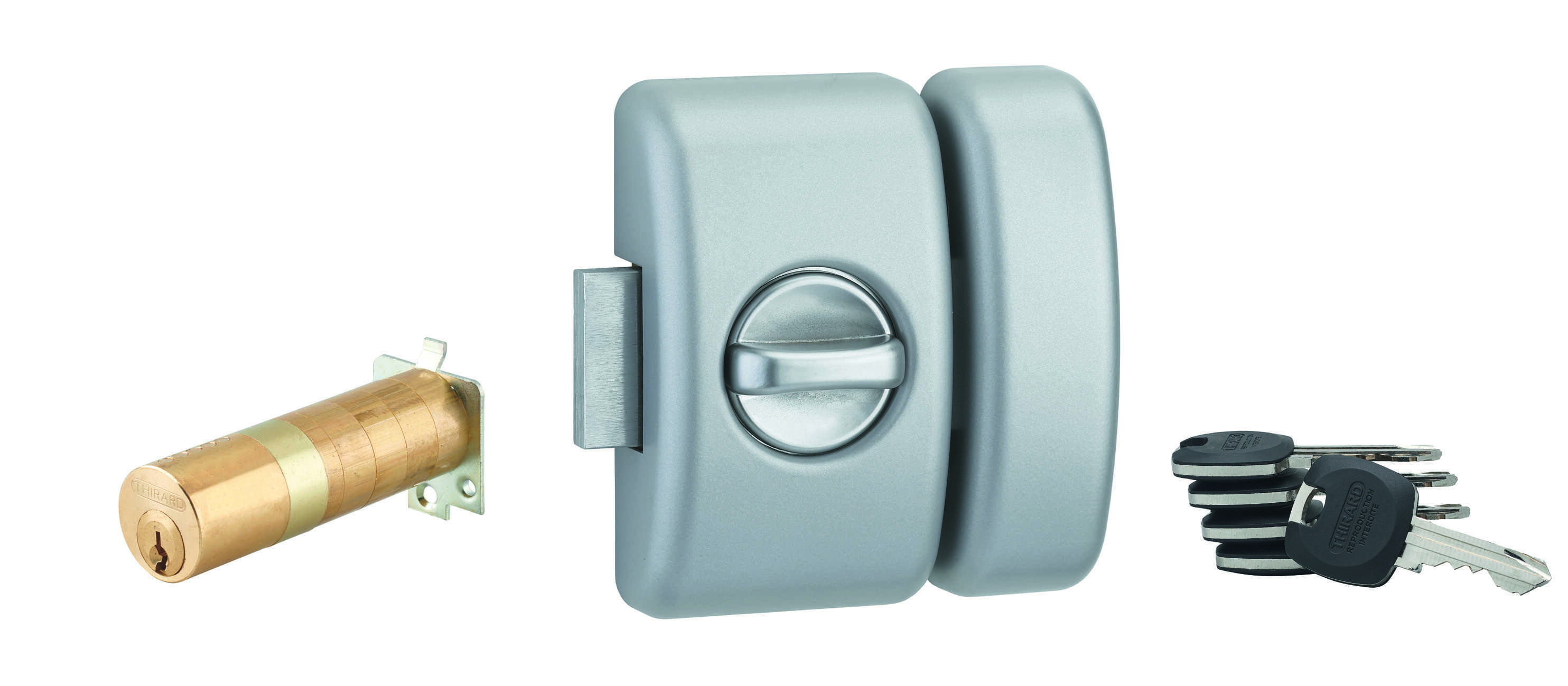 Verrou à bouton Universel ajustable pour entrée, HG 5+, dim. cylindre de 35 à 80mm, acier, 5 clés, epoxy argent  - THIRARD
