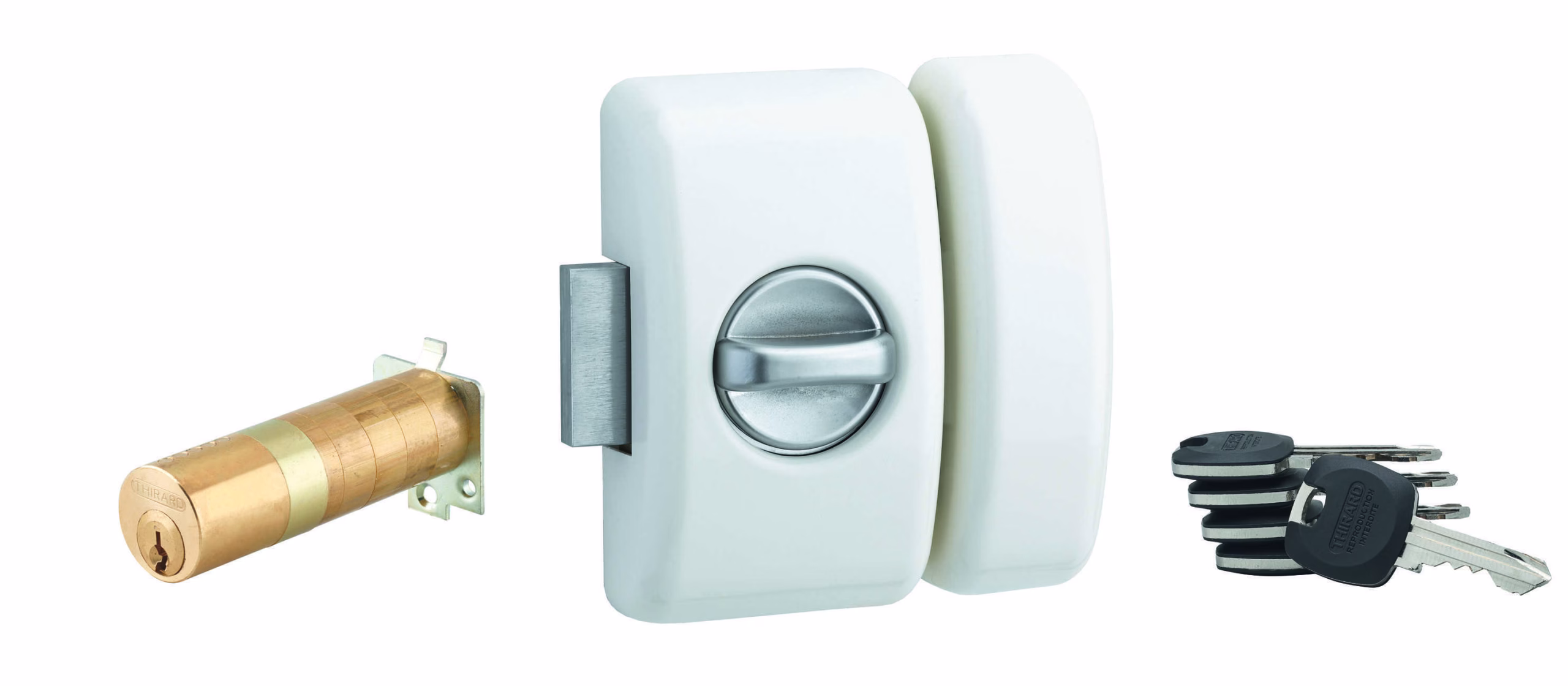 Verrou à bouton Universel ajustable pour entrée, HG 5+, dim. cylindre de 35 à 80mm, acier, 5 clés, epoxy blanc  - THIRARD