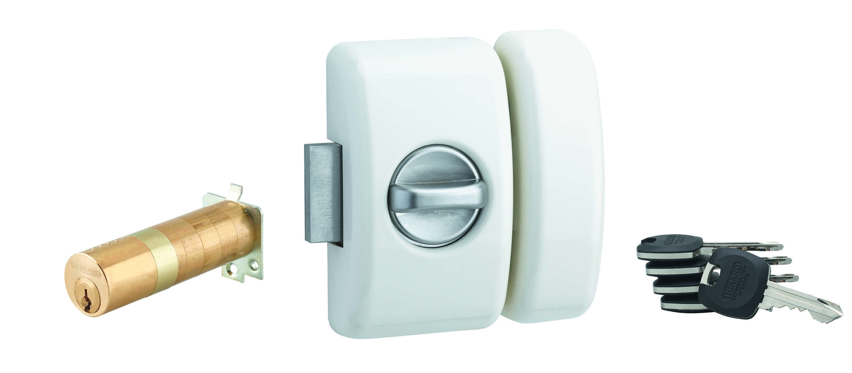 Verrou à bouton Universel ajustable pour entrée, HG 5+, dim. cylindre de 35 à 80mm, acier, 5 clés, epoxy blanc  - THIRARD