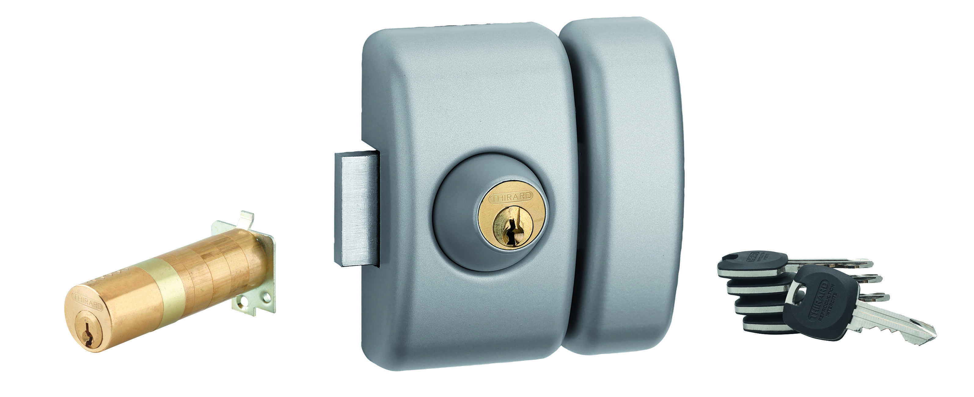 Verrou double entrée Universel ajustable pour entrée, HG 5+, dim. cylindre de 35 à 80mm, acier, 5 clés, epoxy argent  - THIRARD