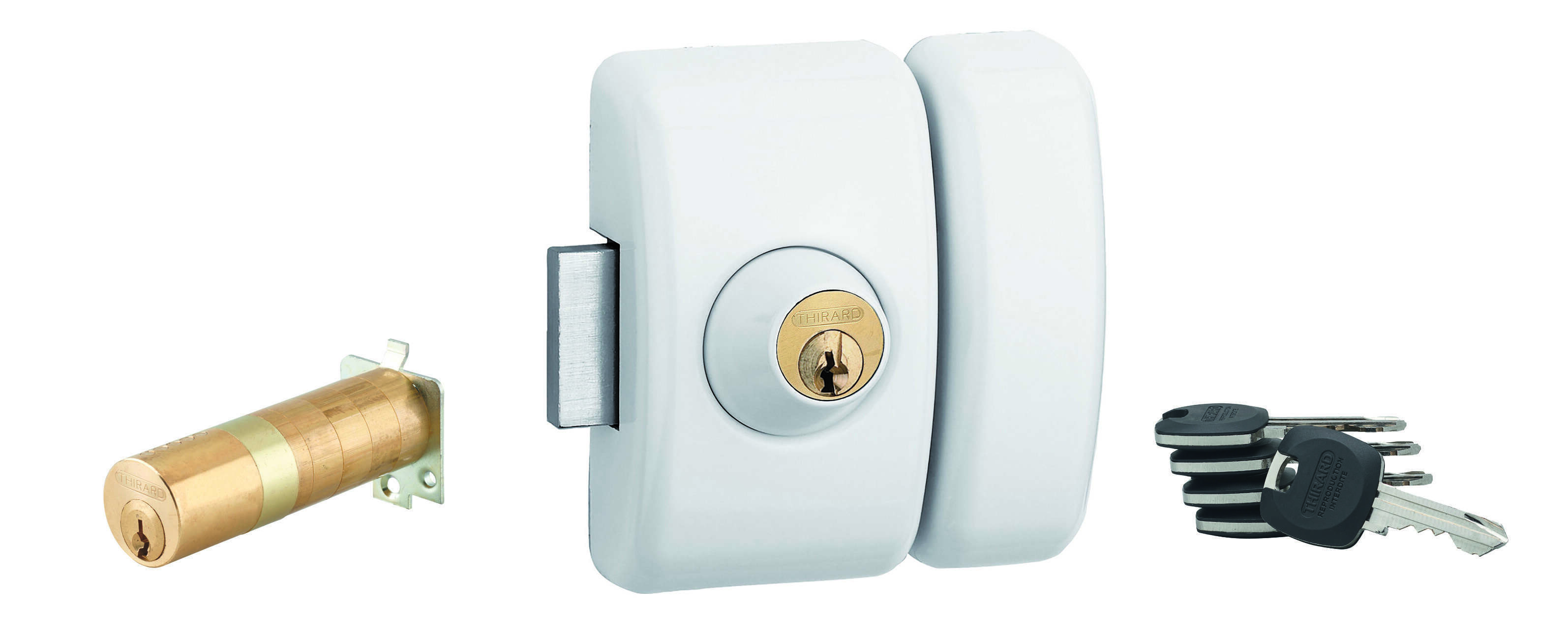 Verrou double entrée Universel ajustable pour entrée, HG 5+, dim. cylindre de 35 à 80mm, acier, 5 clés, epoxy blanc  - THIRARD