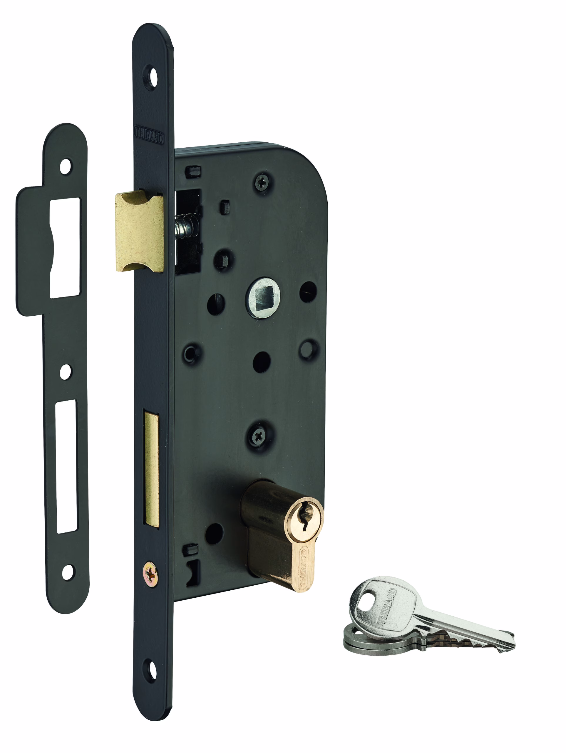 Serrure encastrable à cylindre pour porte d'entrée, axe 40mm, bouts ronds, cylindre 30x30mm, noir, 3 clés  - THIRARD
