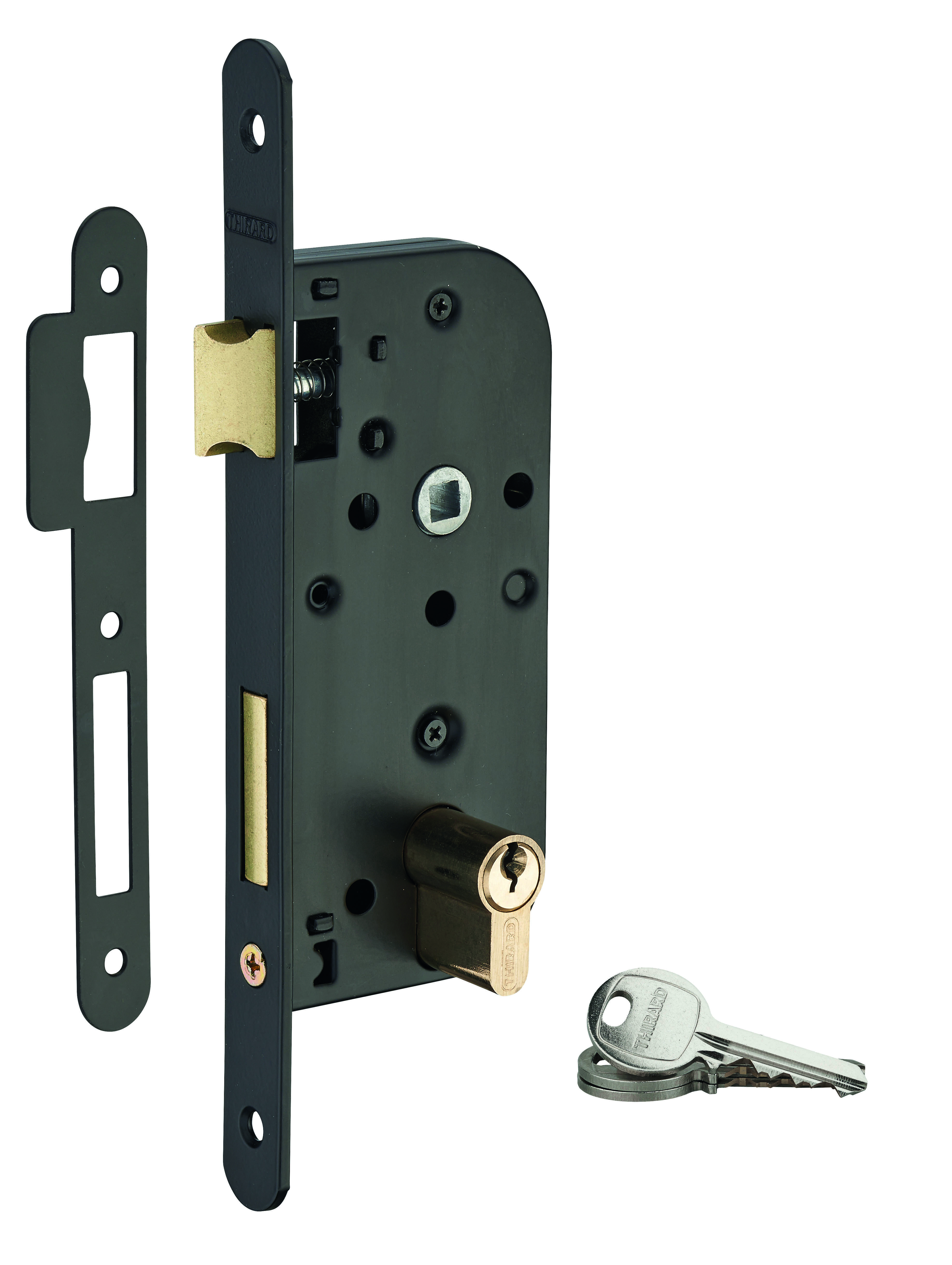 Serrure encastrable à cylindre pour porte d'entrée, axe 40mm, bouts ronds, cylindre 30x30mm, noir, 3 clés  - THIRARD