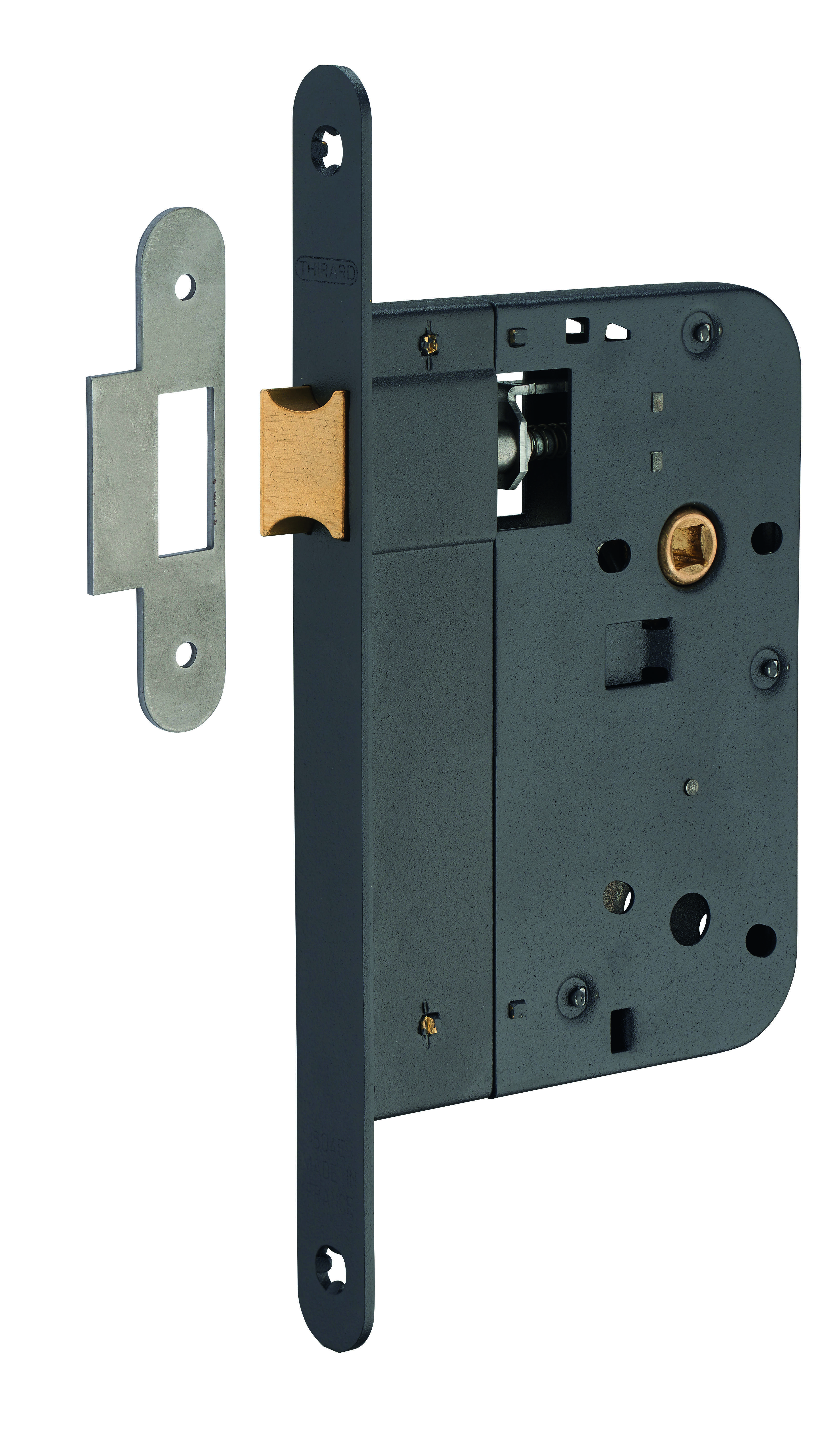 Serrure encastrable pour porte intérieure, axe 80mm, bouts ronds, noir - THIRARD