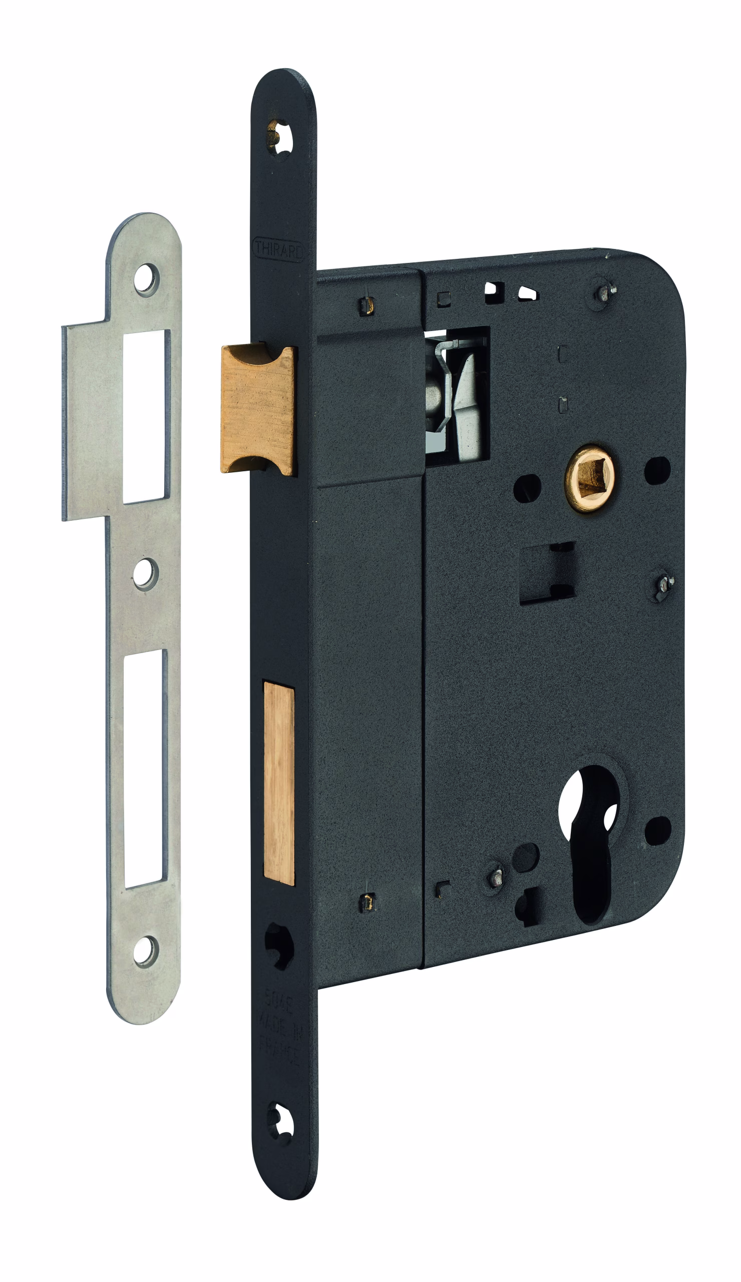 Boitier de serrure encastrable à cylindre pour porte d'entrée, axe 80mm, bouts ronds, noir - THIRARD