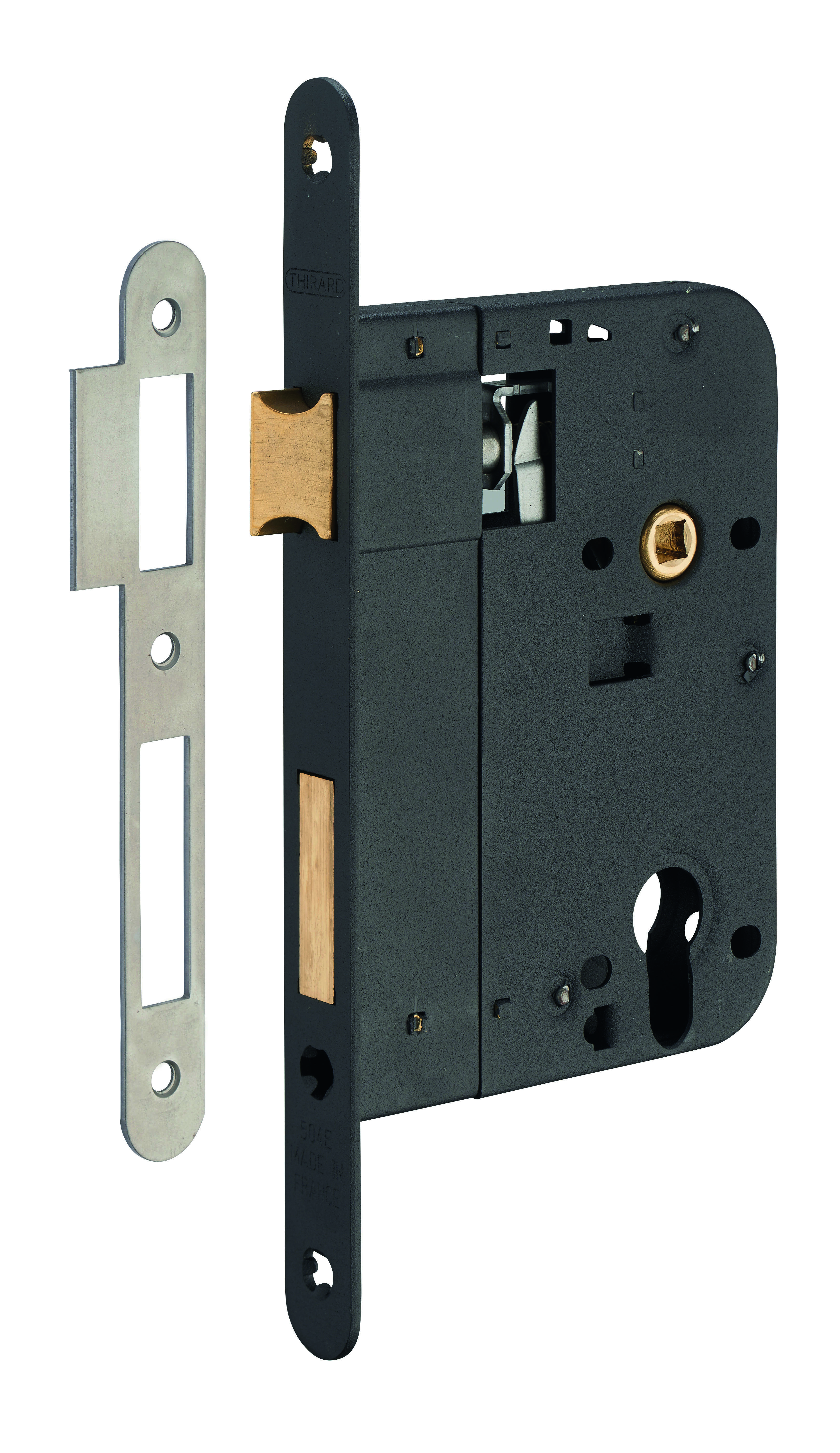Boitier de serrure encastrable à cylindre pour porte d'entrée, axe 80mm, bouts ronds, noir - THIRARD