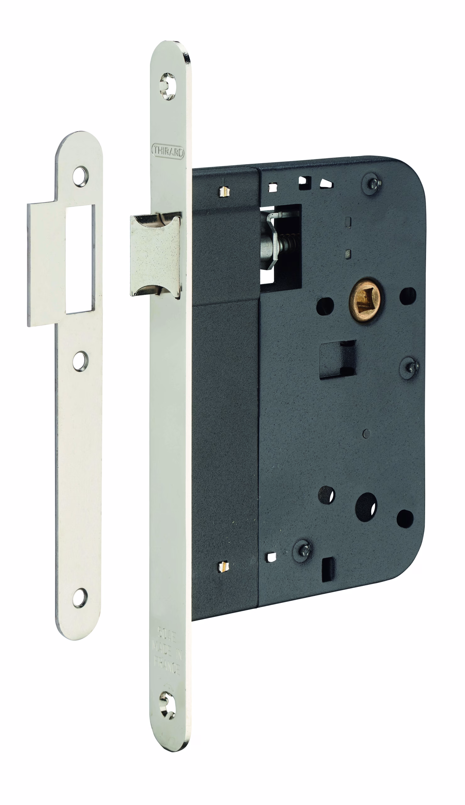 Serrure encastrable pour porte intérieure, axe 80mm, bouts ronds, nickelé - THIRARD