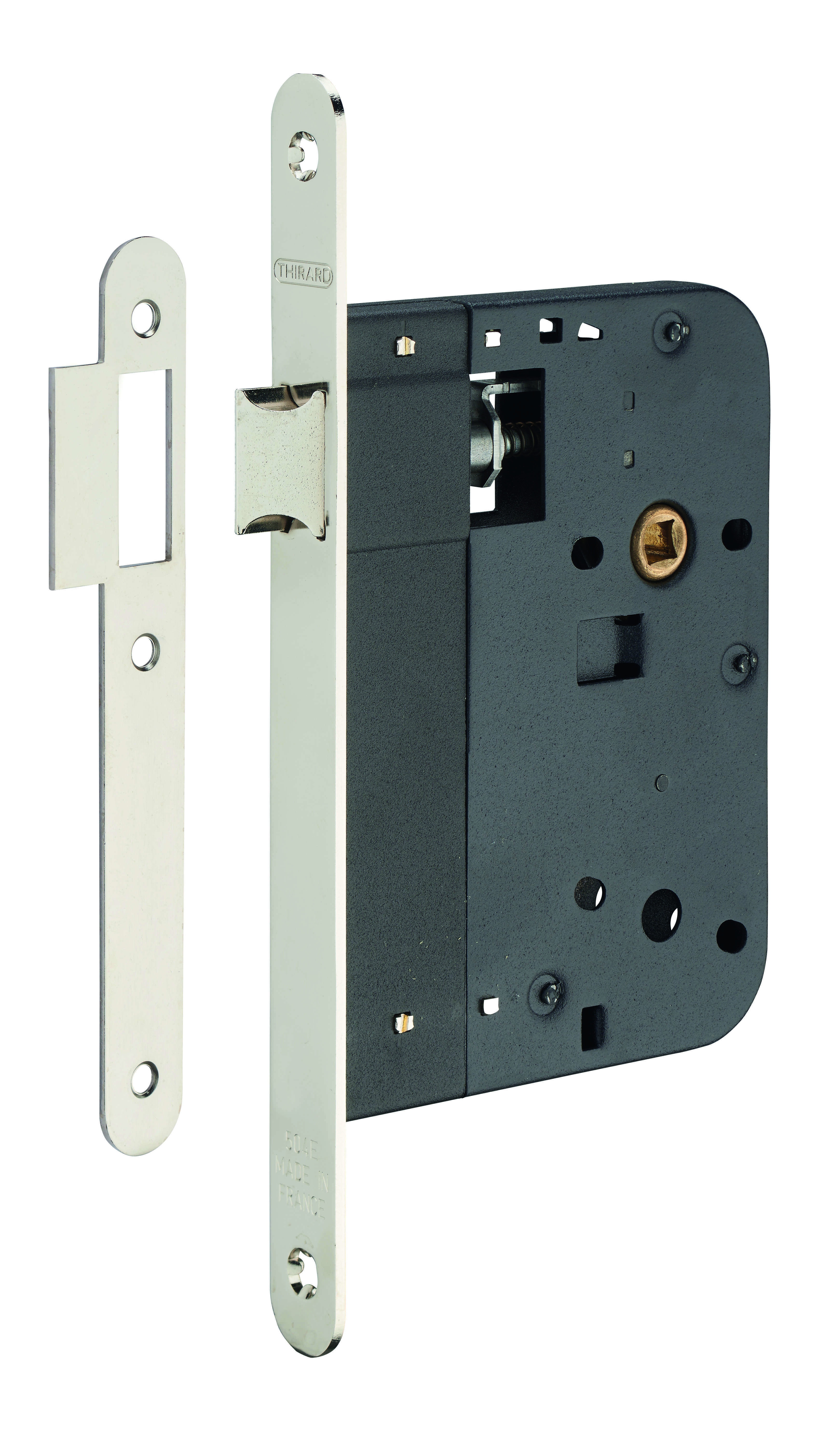 Serrure encastrable pour porte intérieure, axe 80mm, bouts ronds, nickelé - THIRARD