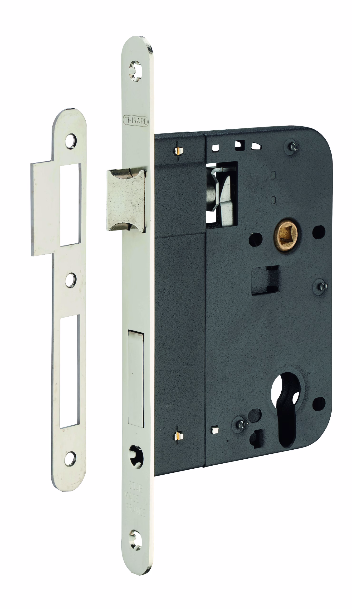 Boitier de serrure encastrable à cylindre pour porte d'entrée, axe 80mm, bouts ronds, nickelé - THIRARD