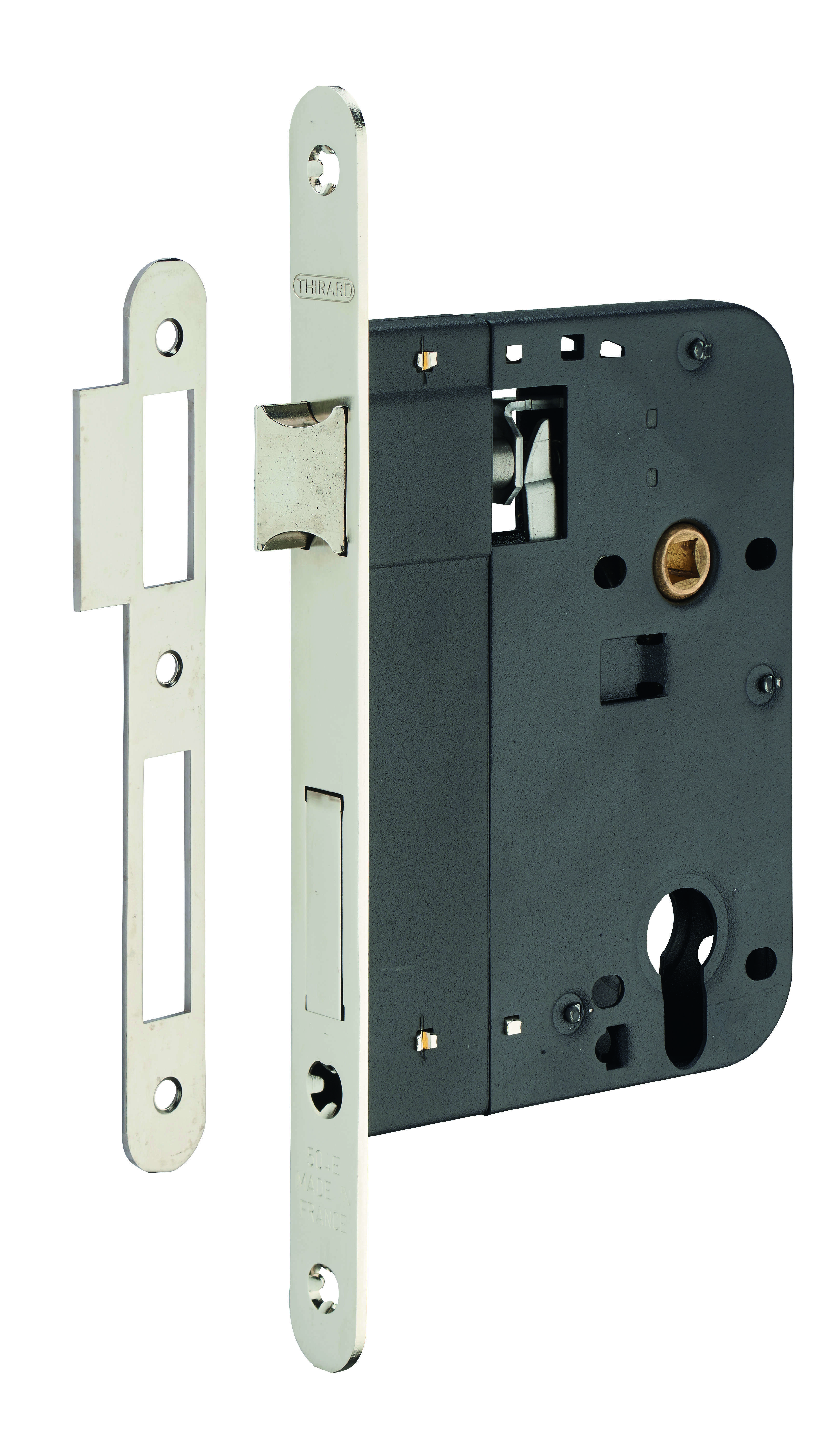 Boitier de serrure encastrable à cylindre pour porte d'entrée, axe 80mm, bouts ronds, nickelé - THIRARD