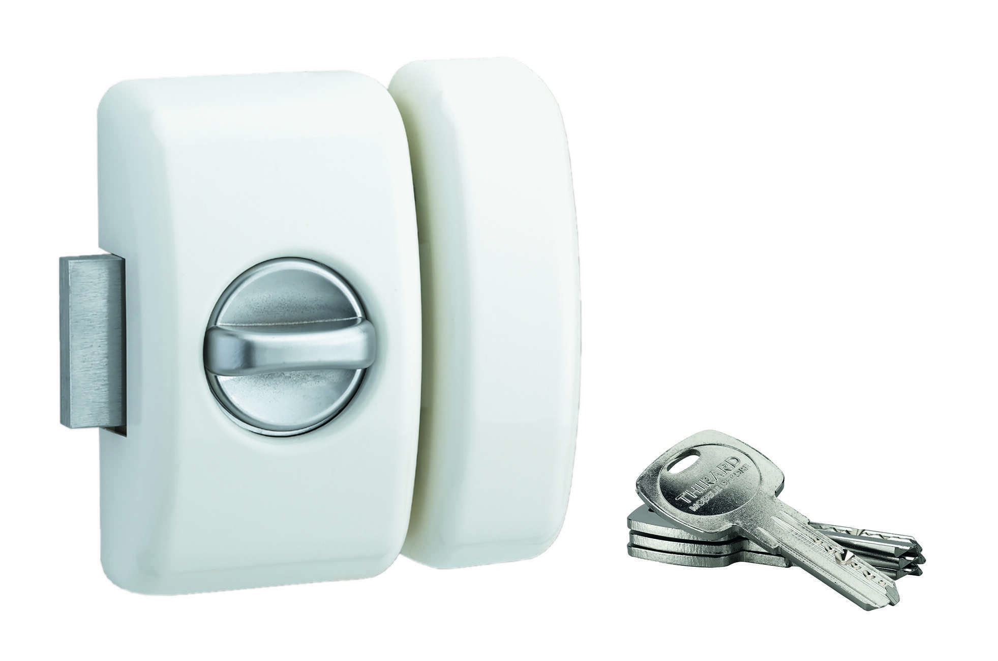 Verrou à bouton Universel pour porte d'entrée, cylindre 45mm, acier, 4 clés, epoxy blanc - THIRARD