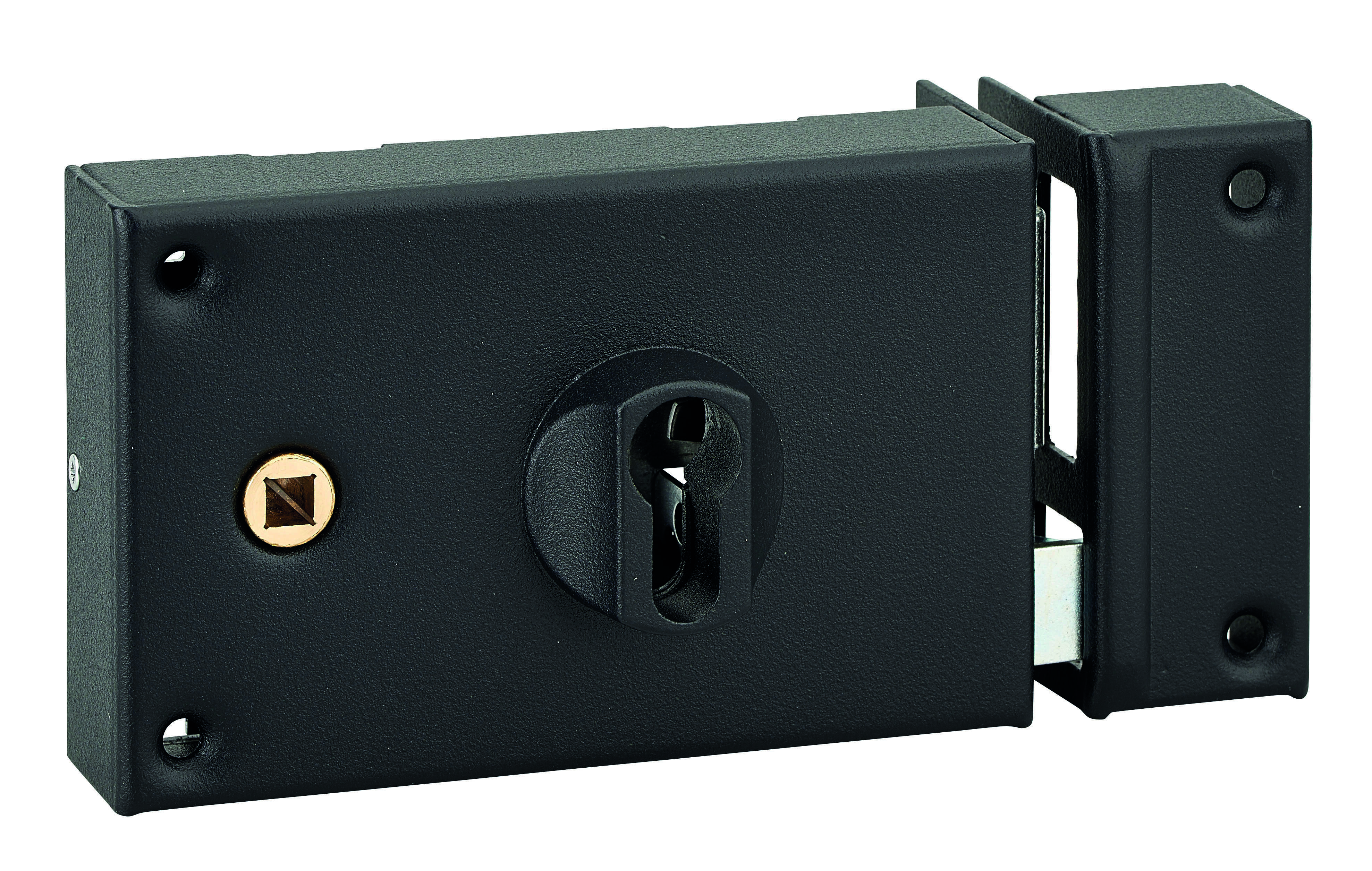 Boitier de serrure horizontale en applique double entrée à fouillot pour portail, droite, axe 60mm, 140x88mm, noir - THIRARD