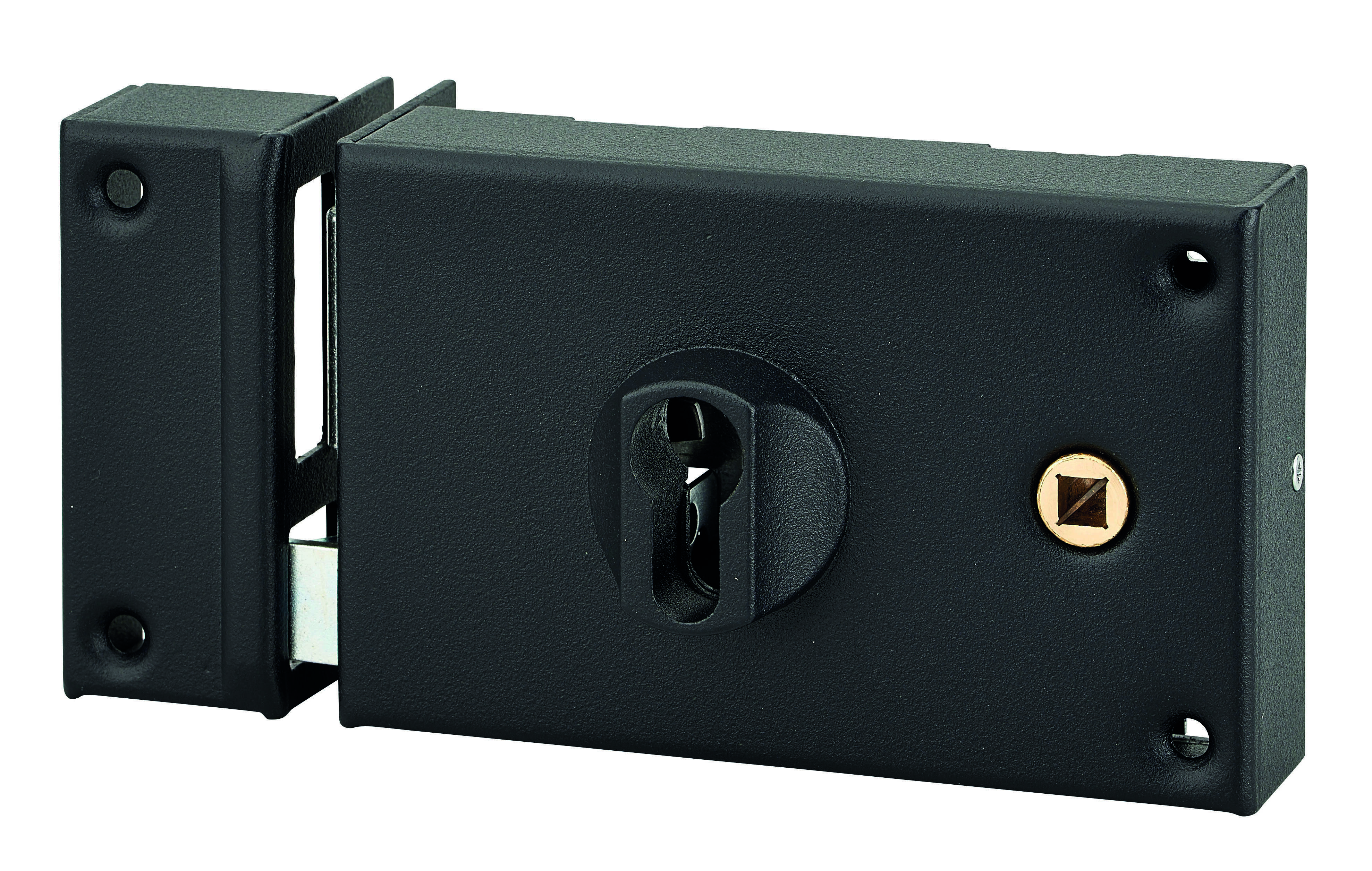 Boitier de serrure horizontale en applique double entrée à fouillot pour portail, gauche, axe 60mm, 140x88mm, noir - THIRARD