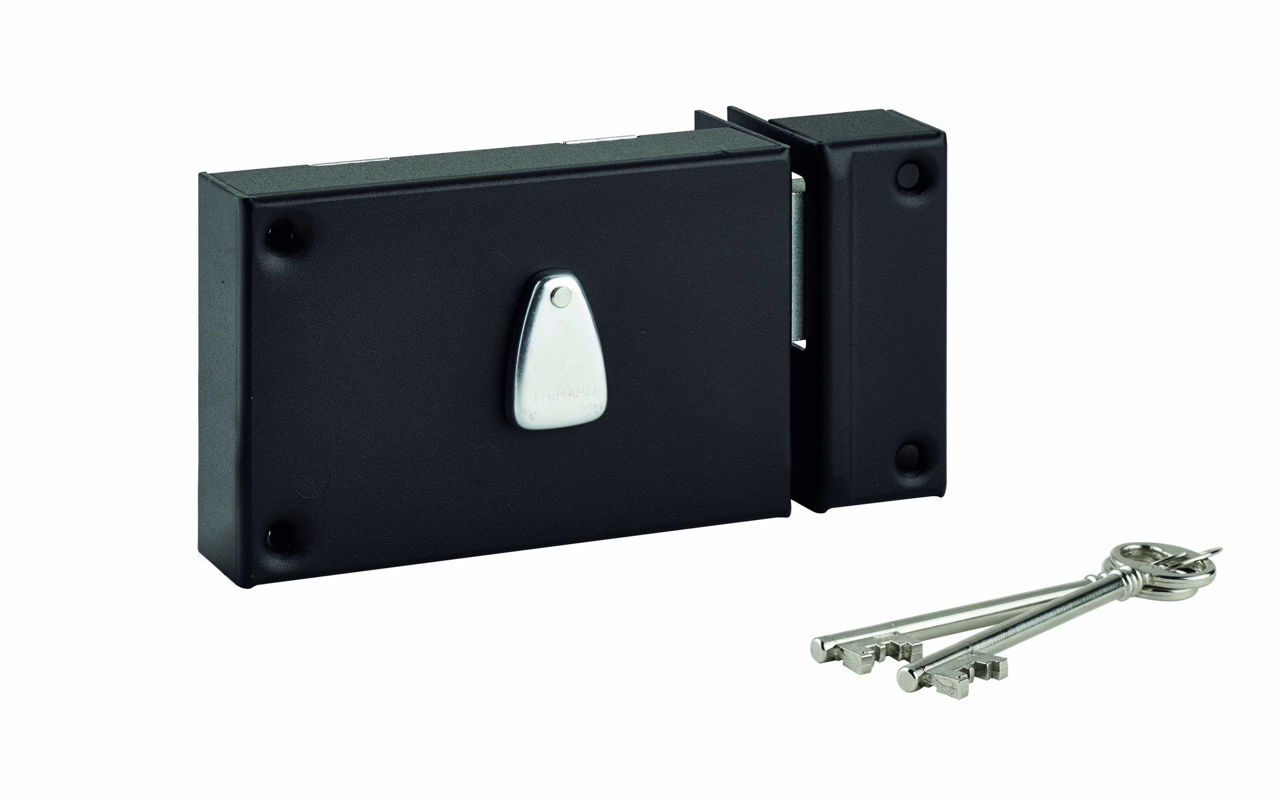 Serrure horizontale en applique 6 gorges à clé pour porte de cave, pêne seul, droite, axe 64mm, 140x88mm, noir, 2 clés - THIRARD