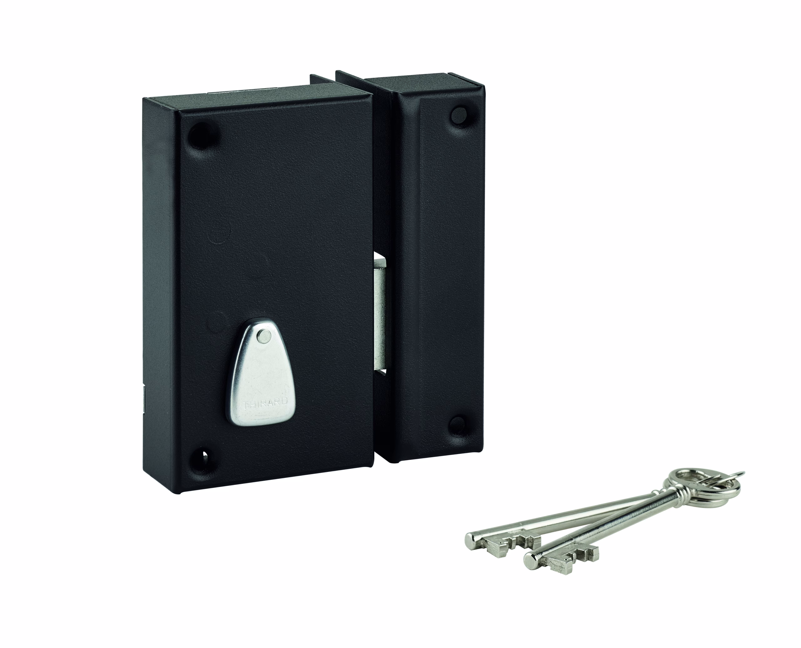 Serrure verticale en applique 6 gorges à clé pour porte de cave, pêne seul, droite, axe 45mm, 75x130mm, noir, 2 clés - THIRARD