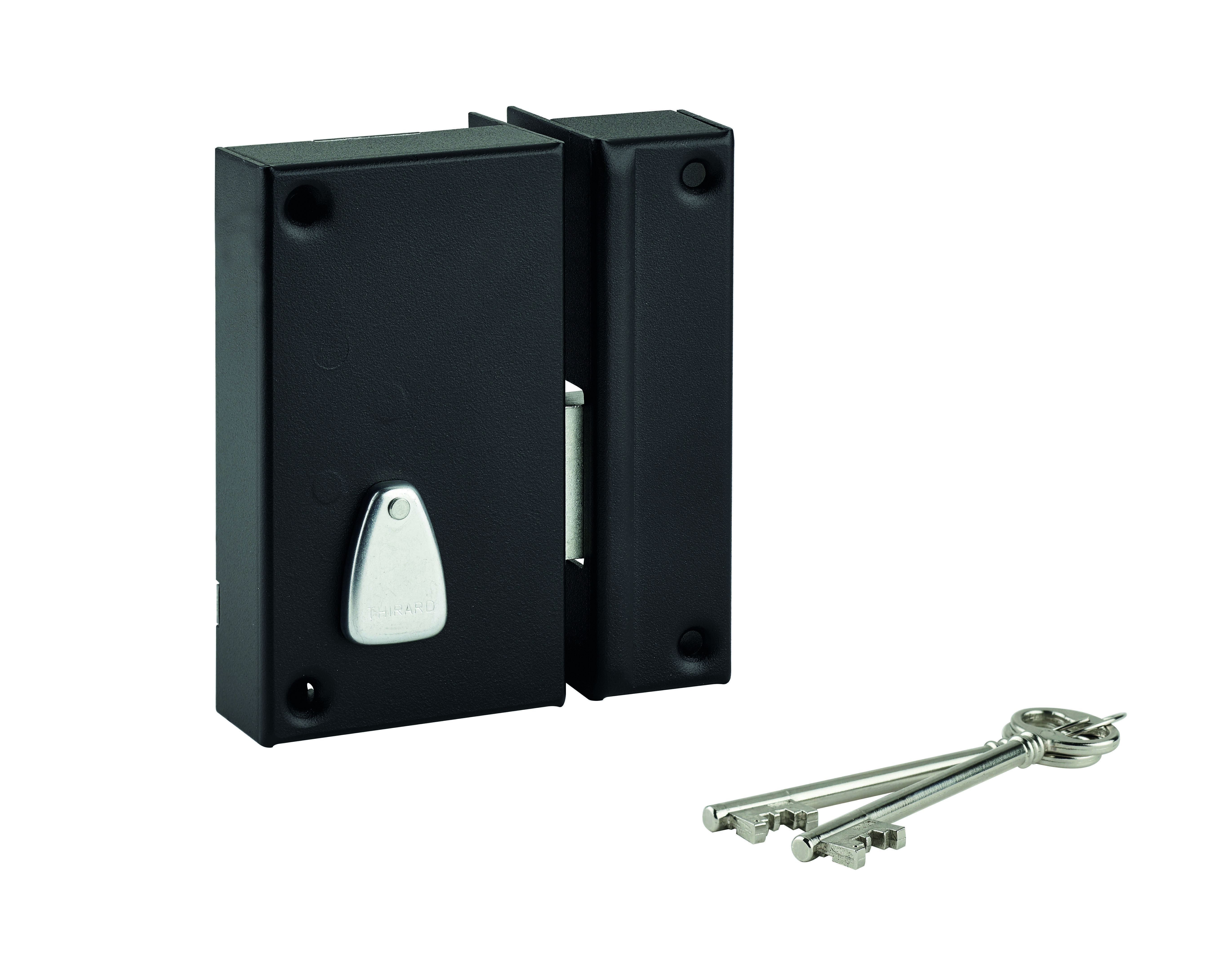 Serrure verticale en applique 6 gorges à clé pour porte de cave, pêne seul, droite, axe 45mm, 75x130mm, noir, 2 clés - THIRARD