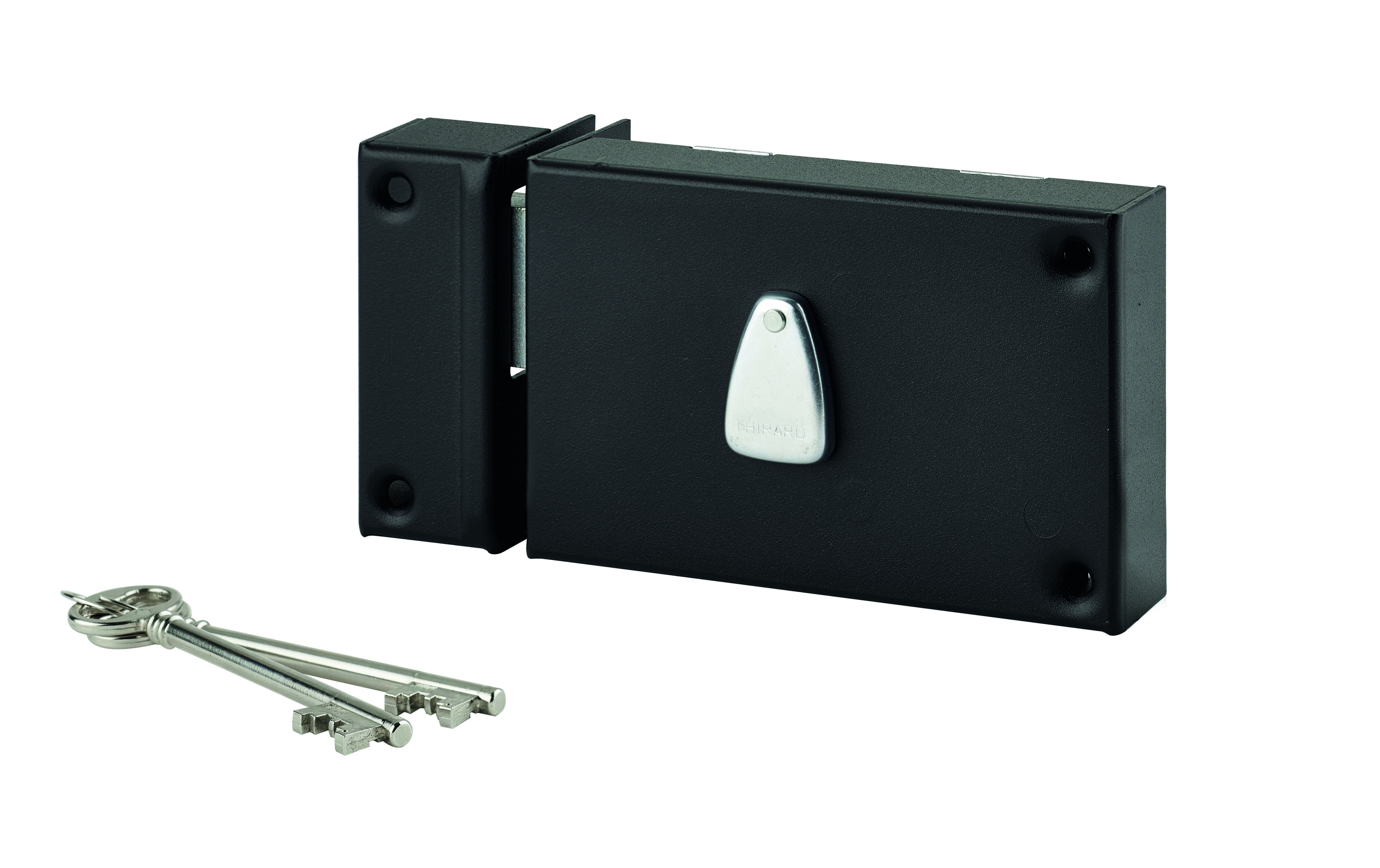 Serrure horizontale en applique 6 gorges à clé pour porte de cave, pêne seul, gauche, axe 64mm, 140x88mm, noir, 2 clés - THIRARD