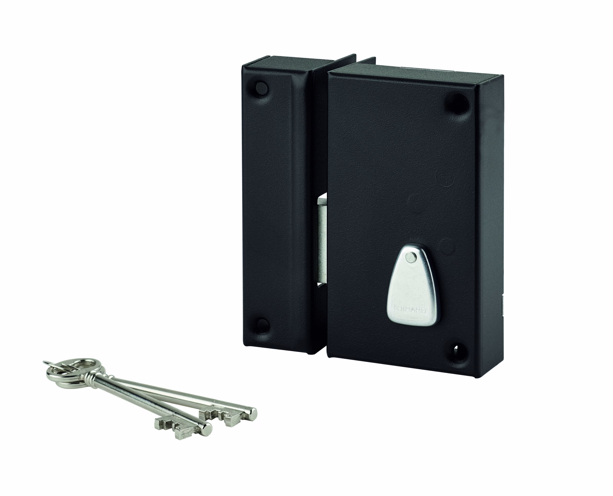 Serrure verticale en applique 6 gorges à clé pour porte de cave, pêne seul, gauche, axe 45mm, 75x130mm, noir, 2 clés - THIRARD