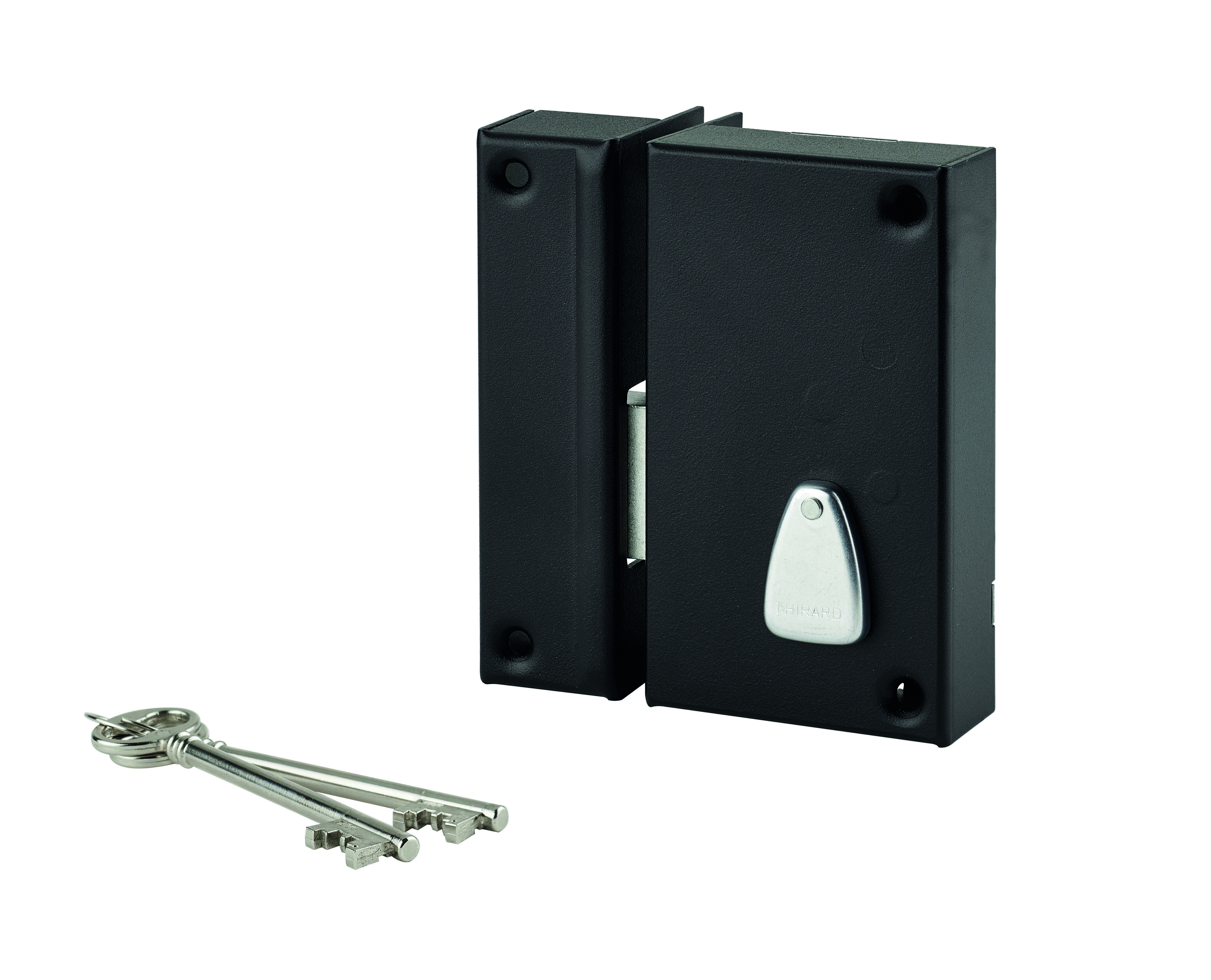 Serrure verticale en applique 6 gorges à clé pour porte de cave, pêne seul, gauche, axe 45mm, 75x130mm, noir, 2 clés - THIRARD