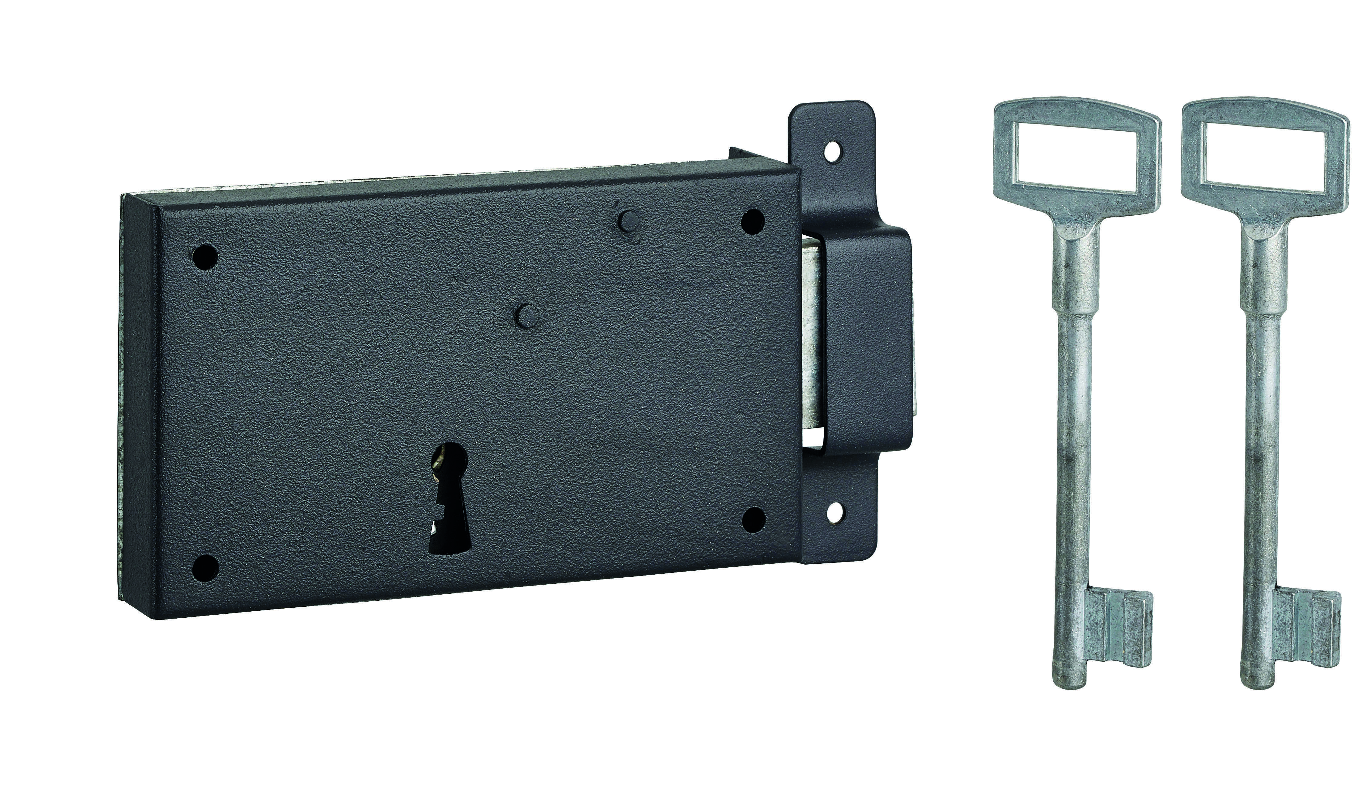 Serrure horizontale en applique à clé pour porte de cave, pêne seul, droite, axe 80mm, 140x80mm, noir, 2 clés - THIRARD